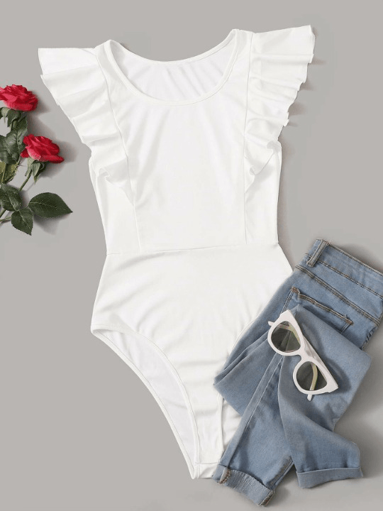 Solid Ruffle Armhole Bodysuit-Comfy Jumpsuits