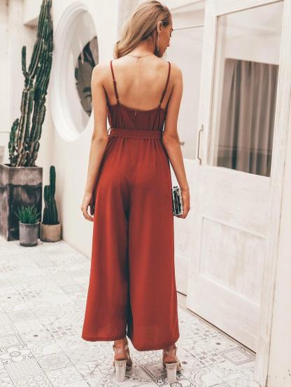Split Thigh Wide Leg Belted Cami Jumpsuit-Comfy Jumpsuits