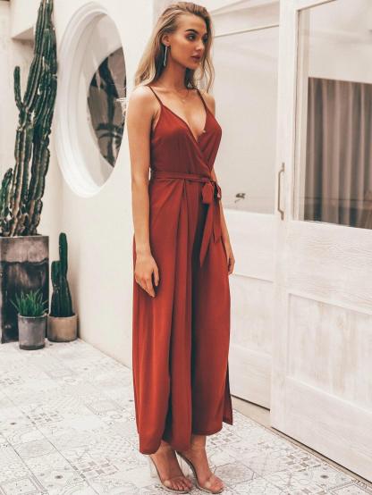 Split Thigh Wide Leg Belted Cami Jumpsuit-Comfy Jumpsuits