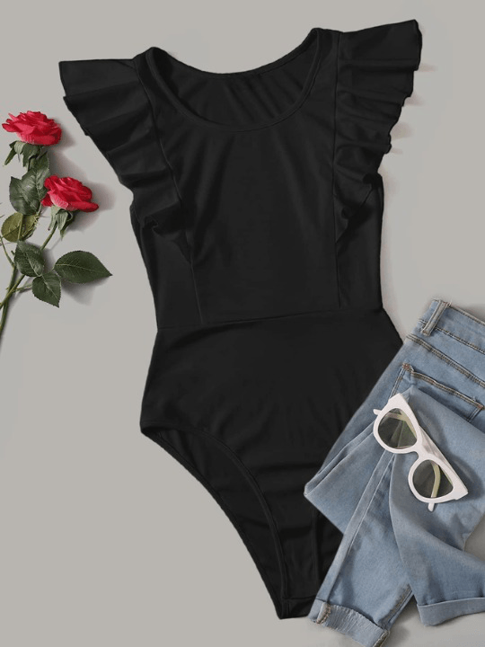 Solid Ruffle Armhole Bodysuit-Comfy Jumpsuits