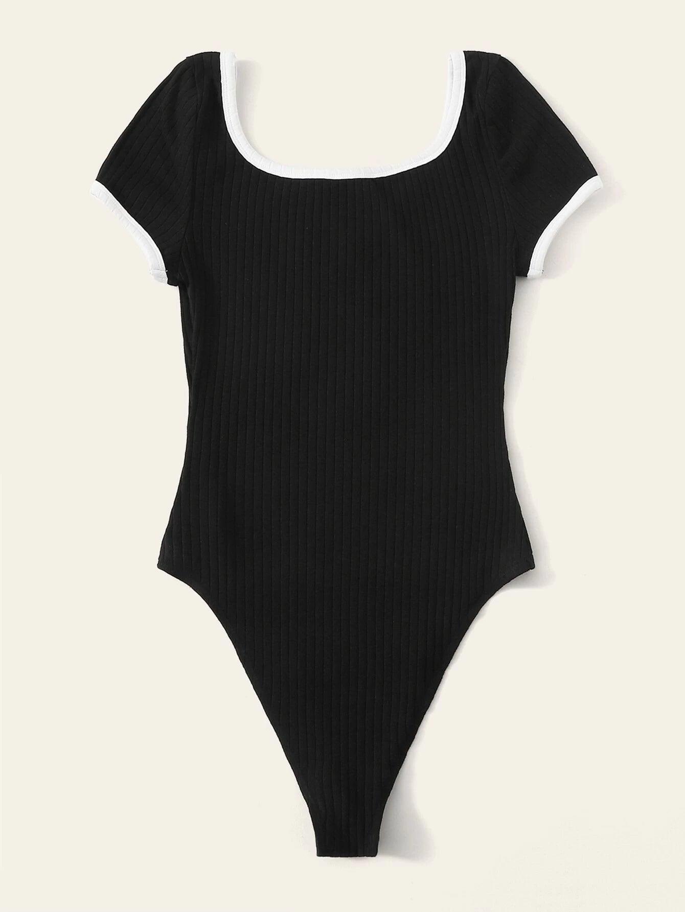 Letter Rib-Knit Ringer Bodysuit-Comfy Jumpsuits