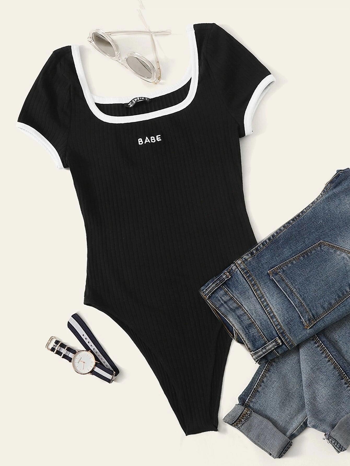 Letter Rib-Knit Ringer Bodysuit-Comfy Jumpsuits