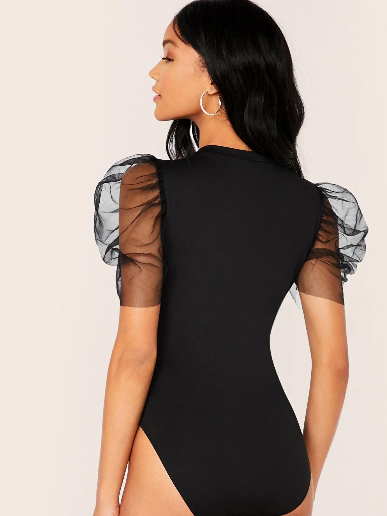 Sheer Mesh Puff Sleeve Skinny Bodysuit-Comfy Jumpsuits