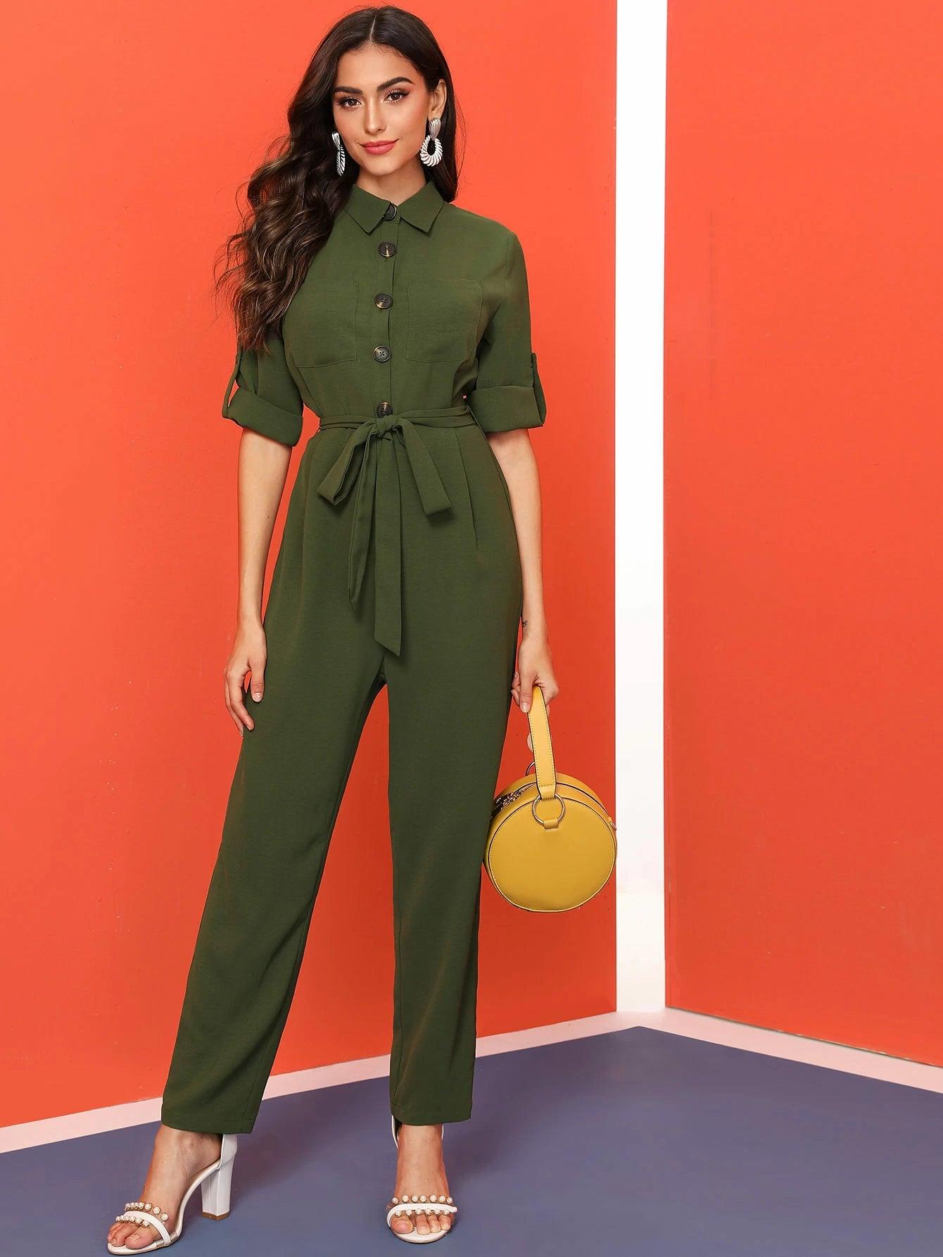 Pocket Front Rolled Tab Sleeve Belted Shirt Jumpsuit-Comfy Jumpsuits