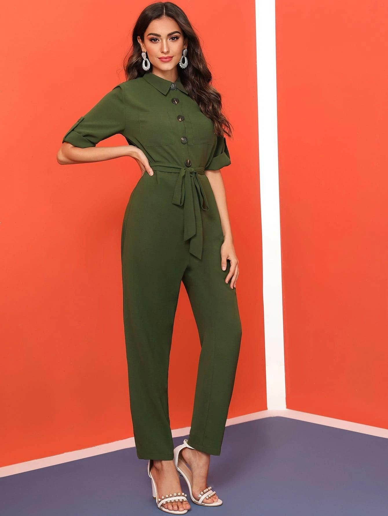 Pocket Front Rolled Tab Sleeve Belted Shirt Jumpsuit-Comfy Jumpsuits