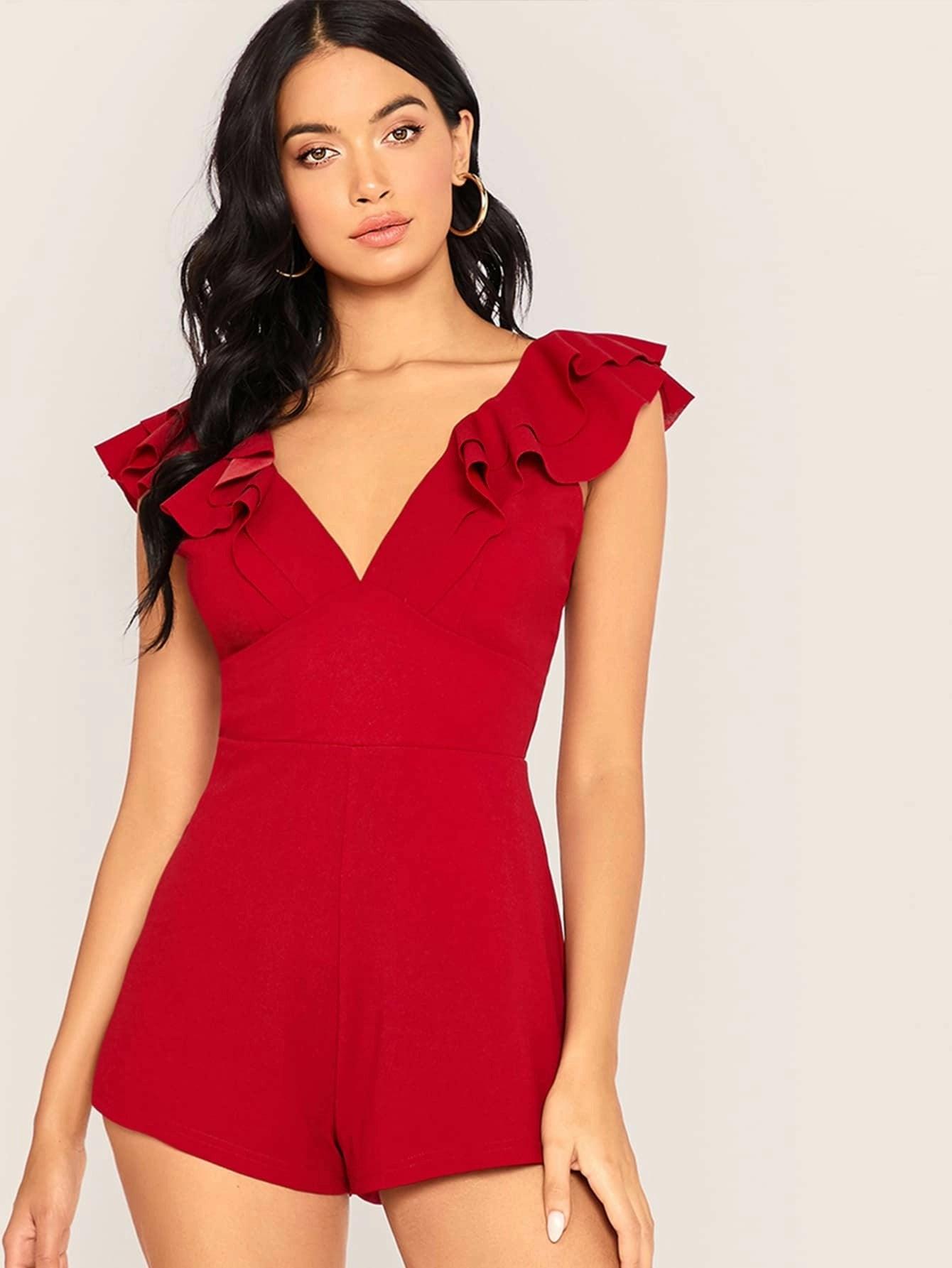 Crisscross Backless Ruffle Trim Mini Romper-Comfy Jumpsuits