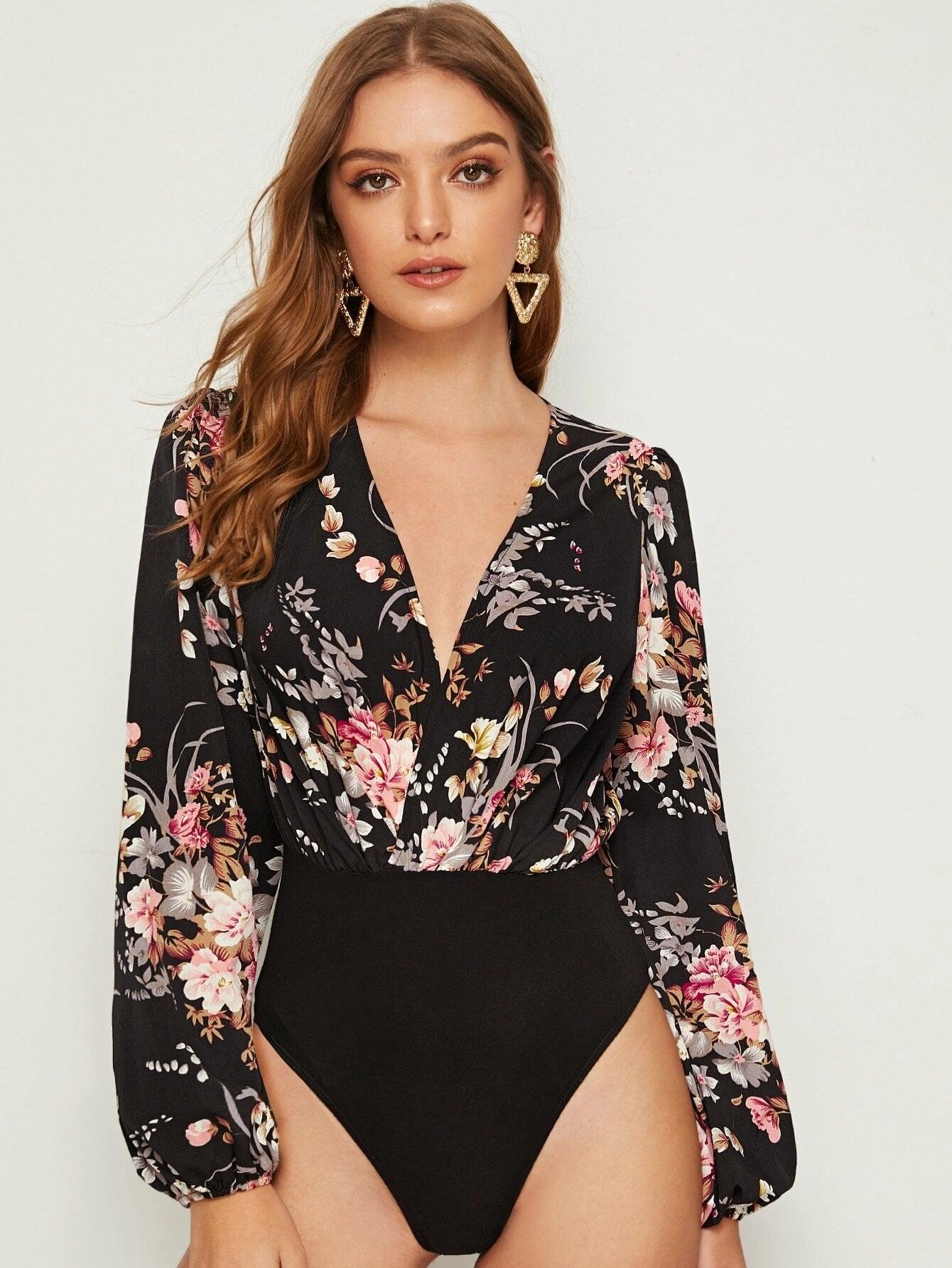Floral Pattern Combo Bodysuit-Comfy Jumpsuits