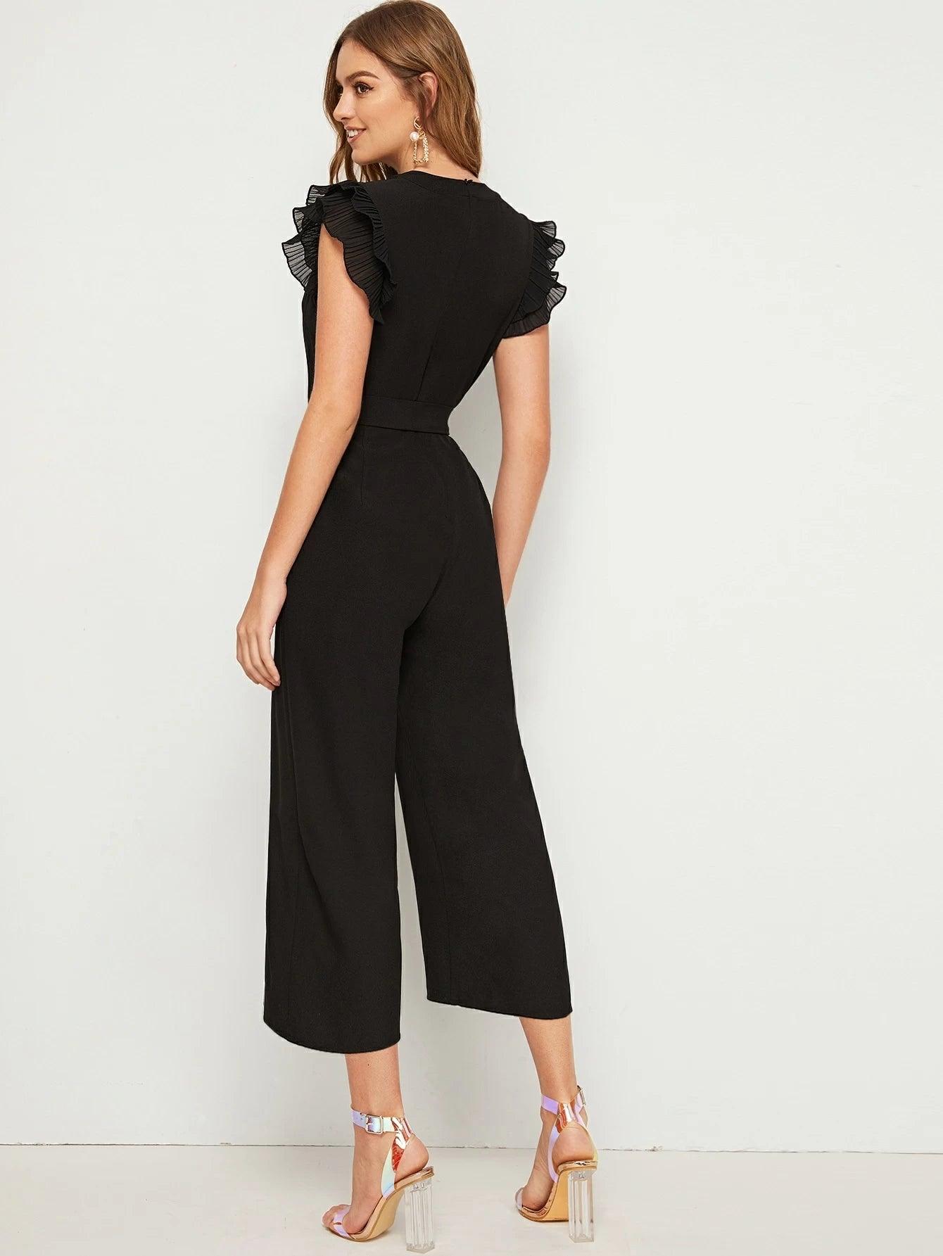 Layered Pleated Sleeve Belted Jumpsuit-Comfy Jumpsuits