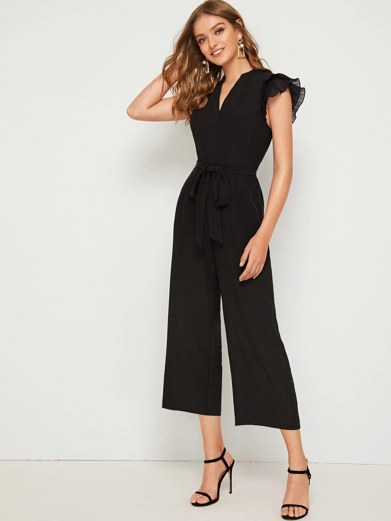 Layered Pleated Sleeve Belted Jumpsuit-Comfy Jumpsuits