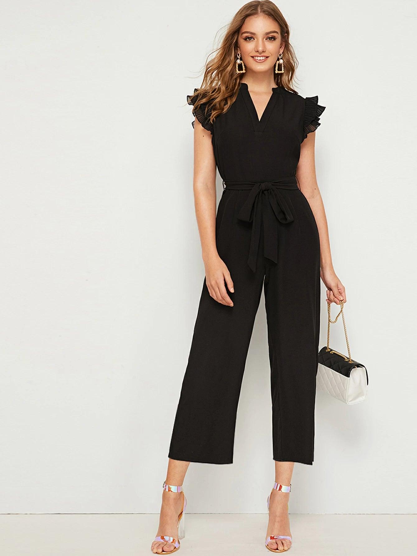 Layered Pleated Sleeve Belted Jumpsuit-Comfy Jumpsuits