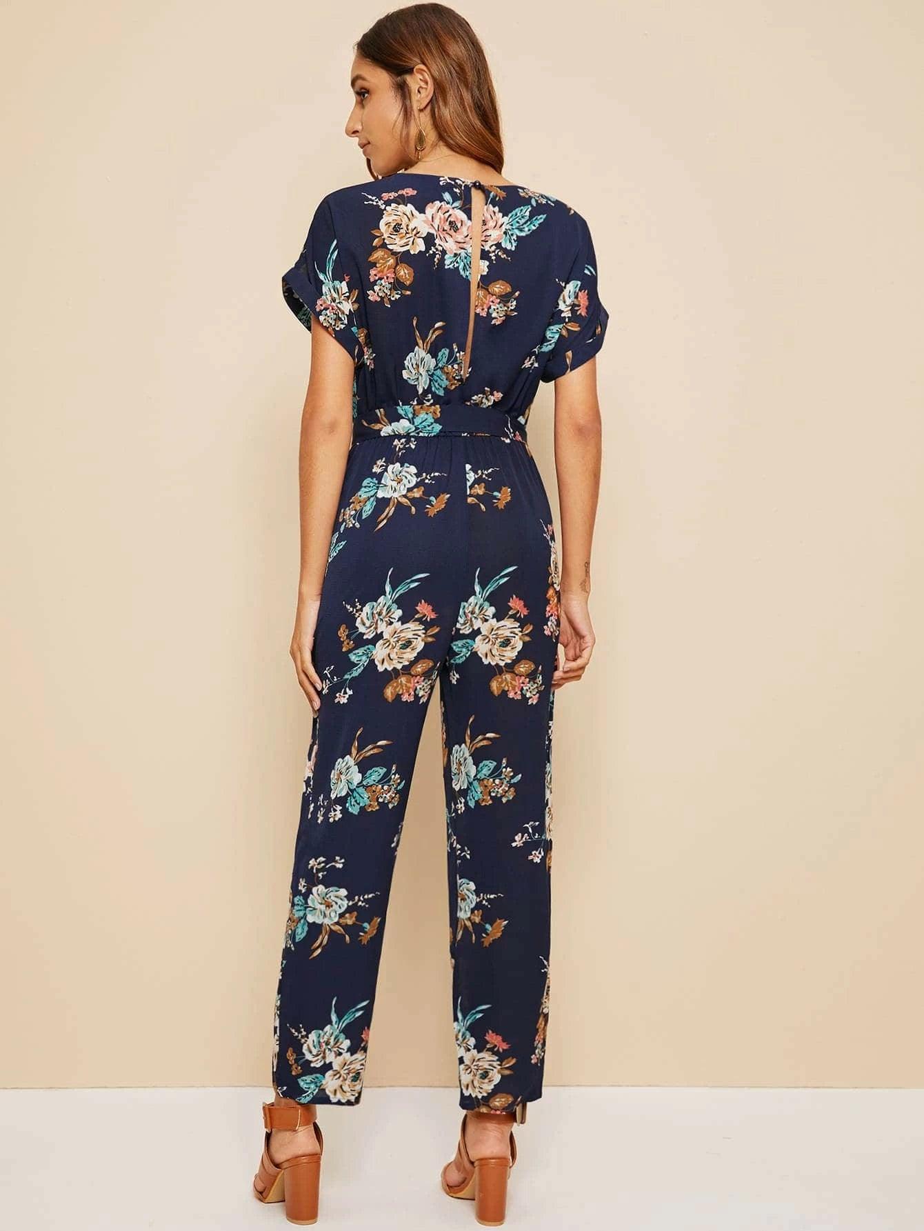 Floral Pattern Batwing Belted Jumpsuit-Comfy Jumpsuits