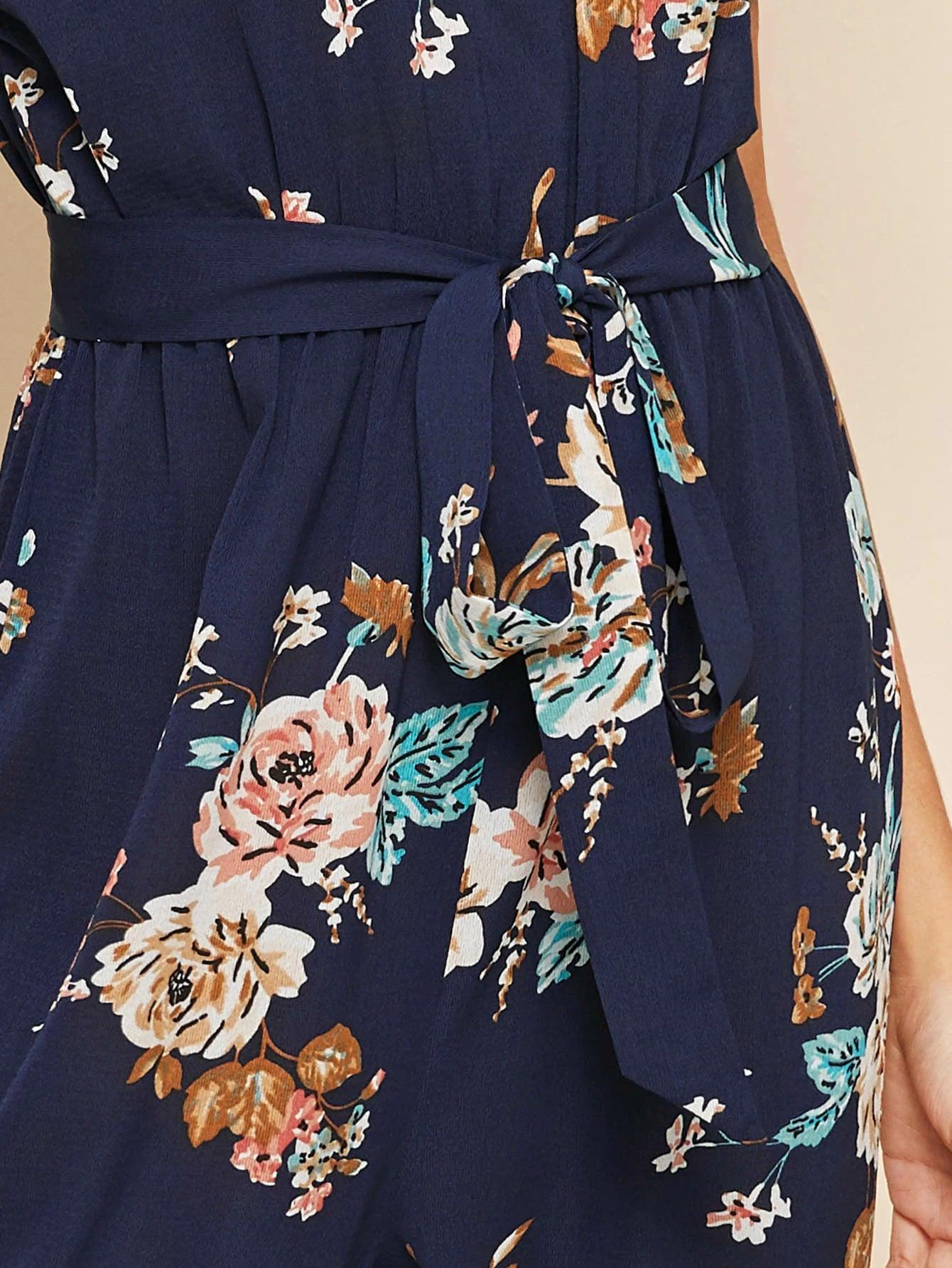 Floral Pattern Batwing Belted Jumpsuit-Comfy Jumpsuits
