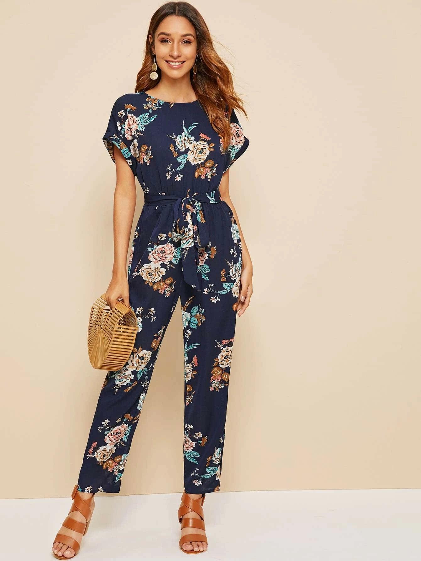 Floral Pattern Batwing Belted Jumpsuit-Comfy Jumpsuits