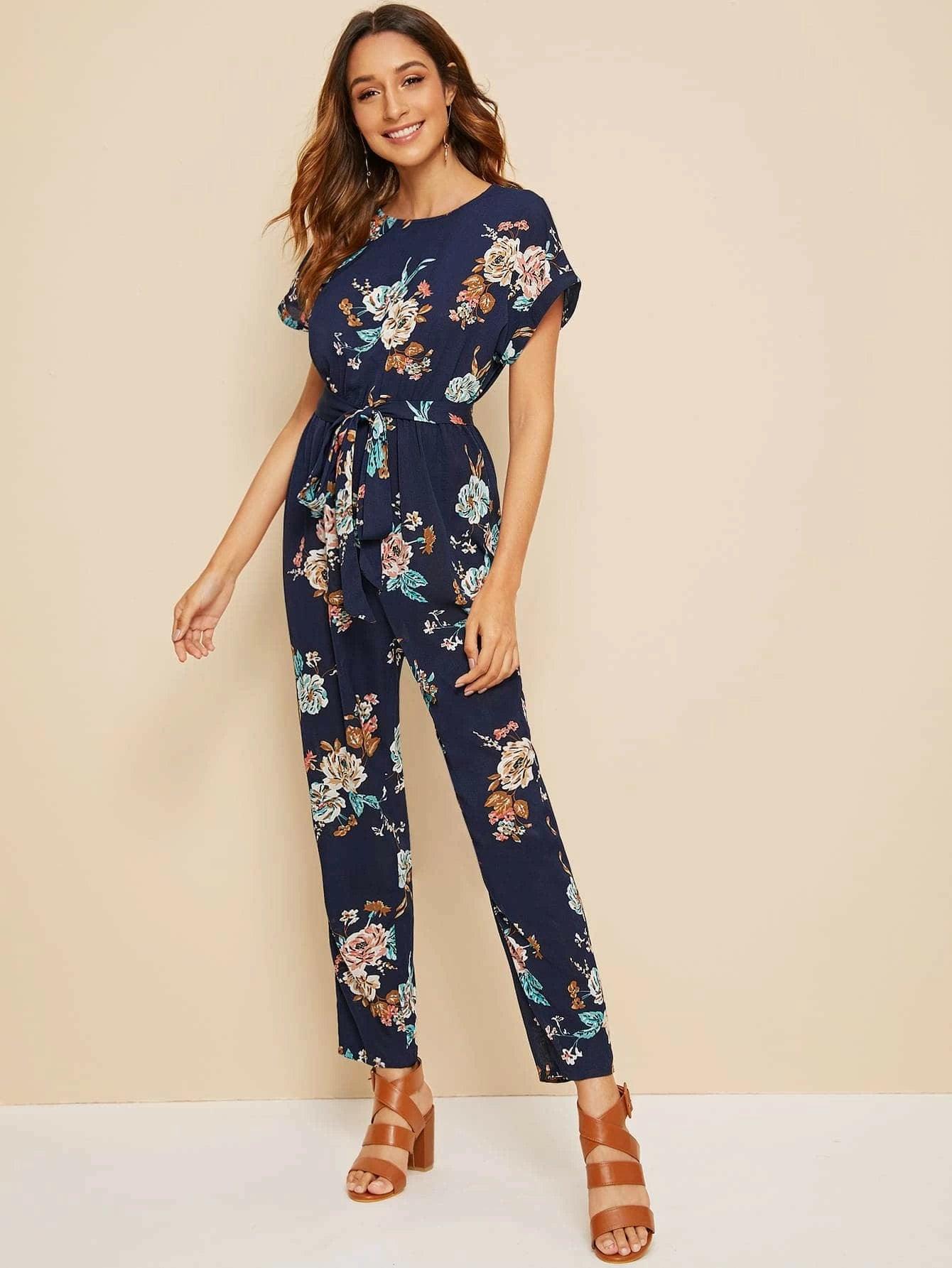 Floral Pattern Batwing Belted Jumpsuit-Comfy Jumpsuits