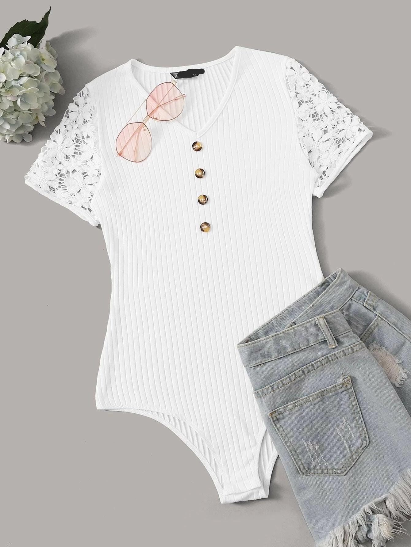 Button Front Lace Trim Short Sleeve Bodysuit-Comfy Jumpsuits