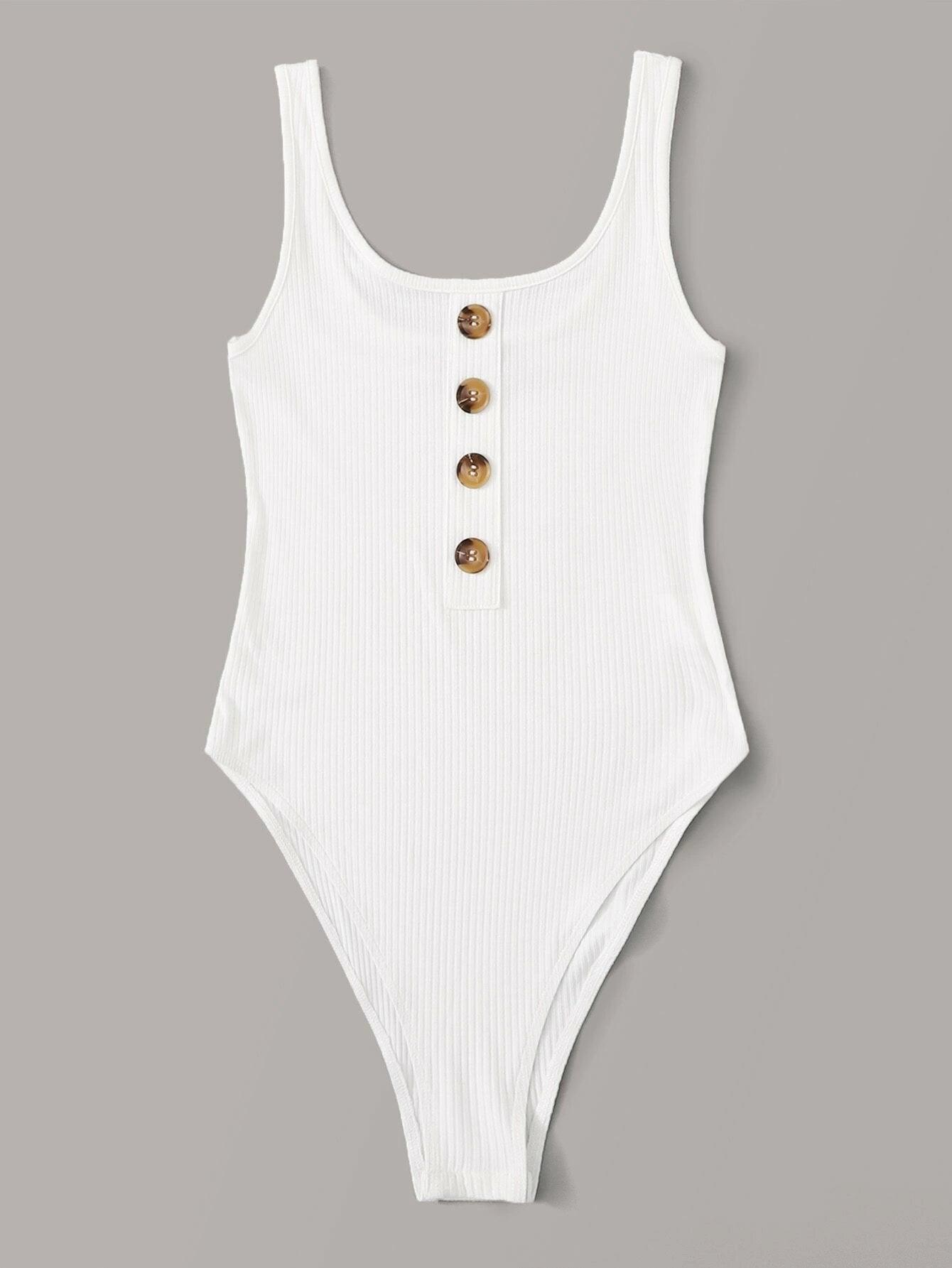 Button Front Tank Bodysuit-Comfy Jumpsuits