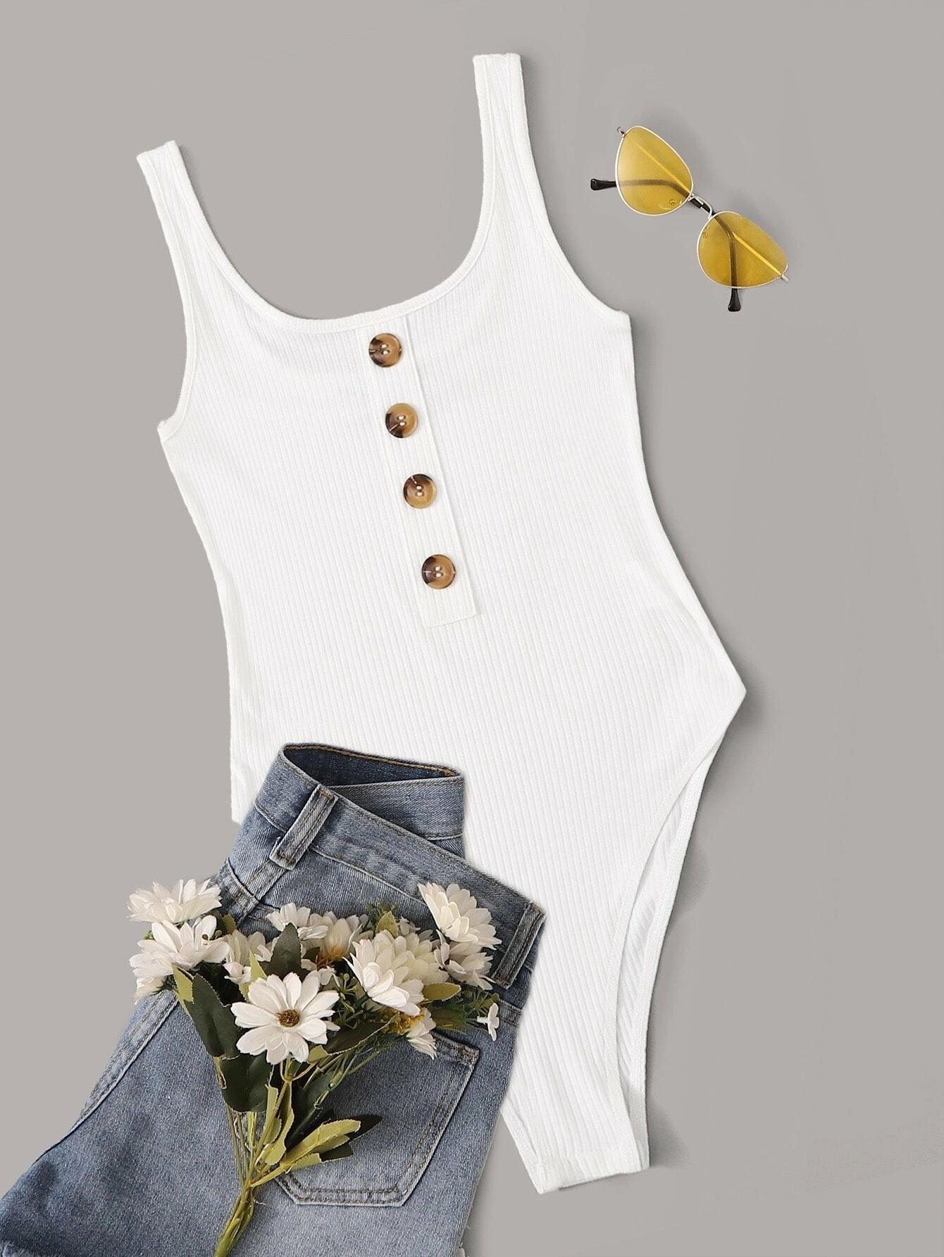 Button Front Tank Bodysuit-Comfy Jumpsuits