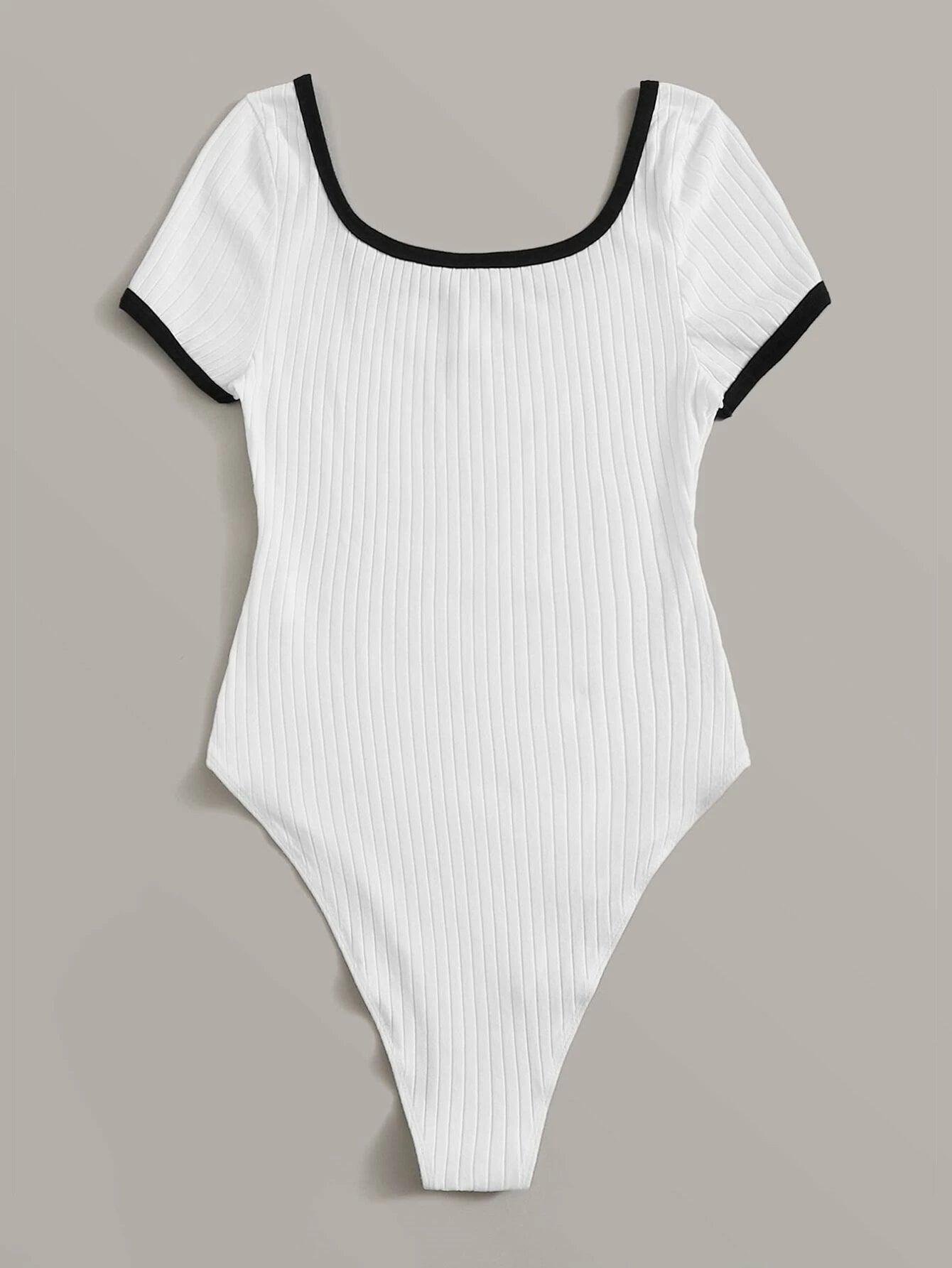 Letter Rib-Knit Ringer Bodysuit-Comfy Jumpsuits