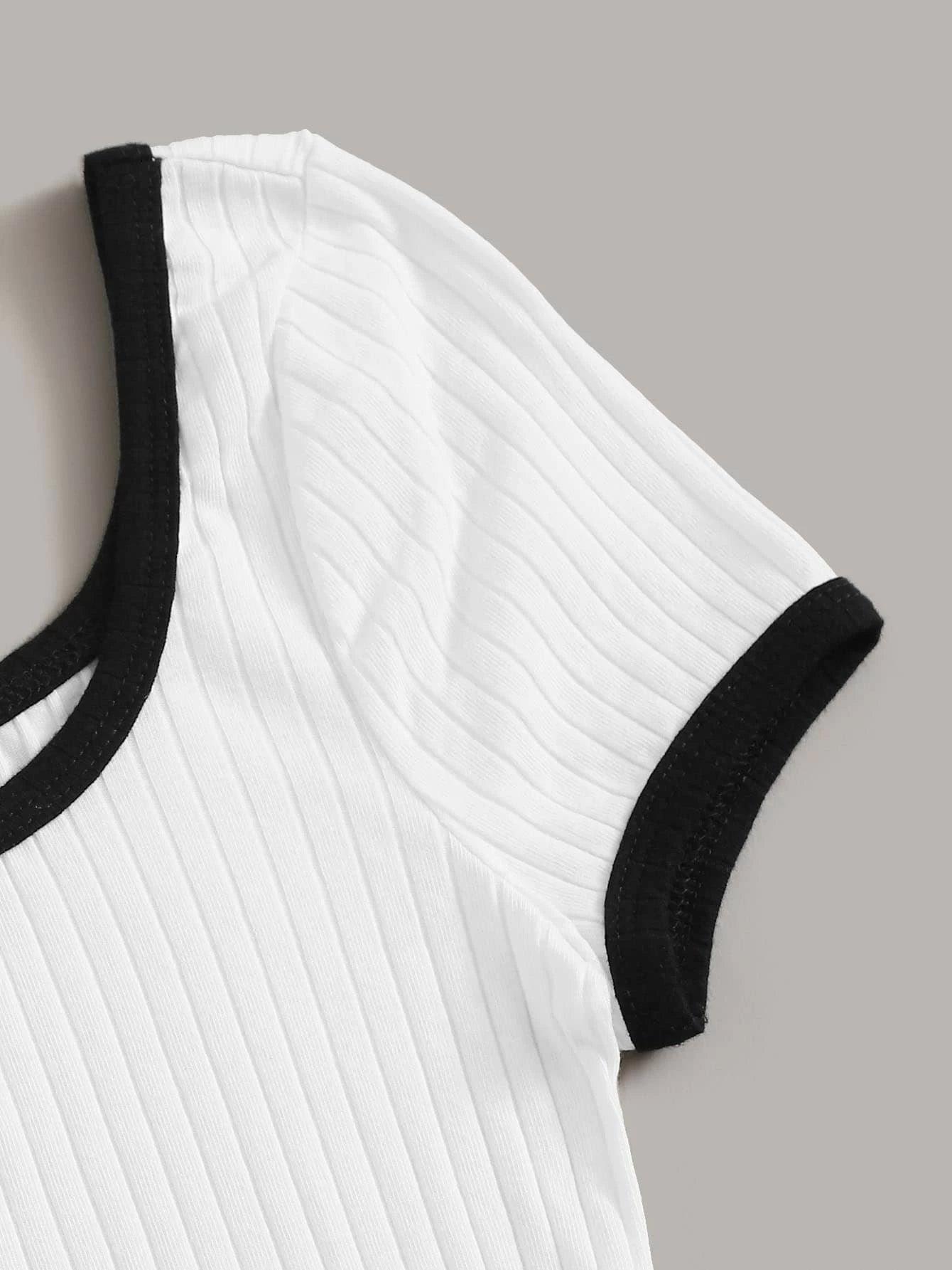 Letter Rib-Knit Ringer Bodysuit-Comfy Jumpsuits