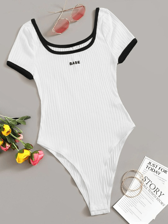 Letter Rib-Knit Ringer Bodysuit-Comfy Jumpsuits