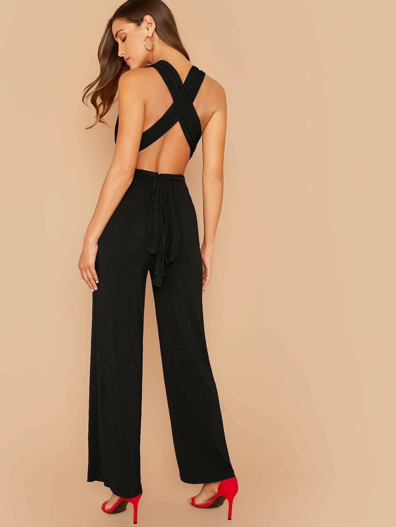 Neck Tie Backless Jumpsuit-Comfy Jumpsuits