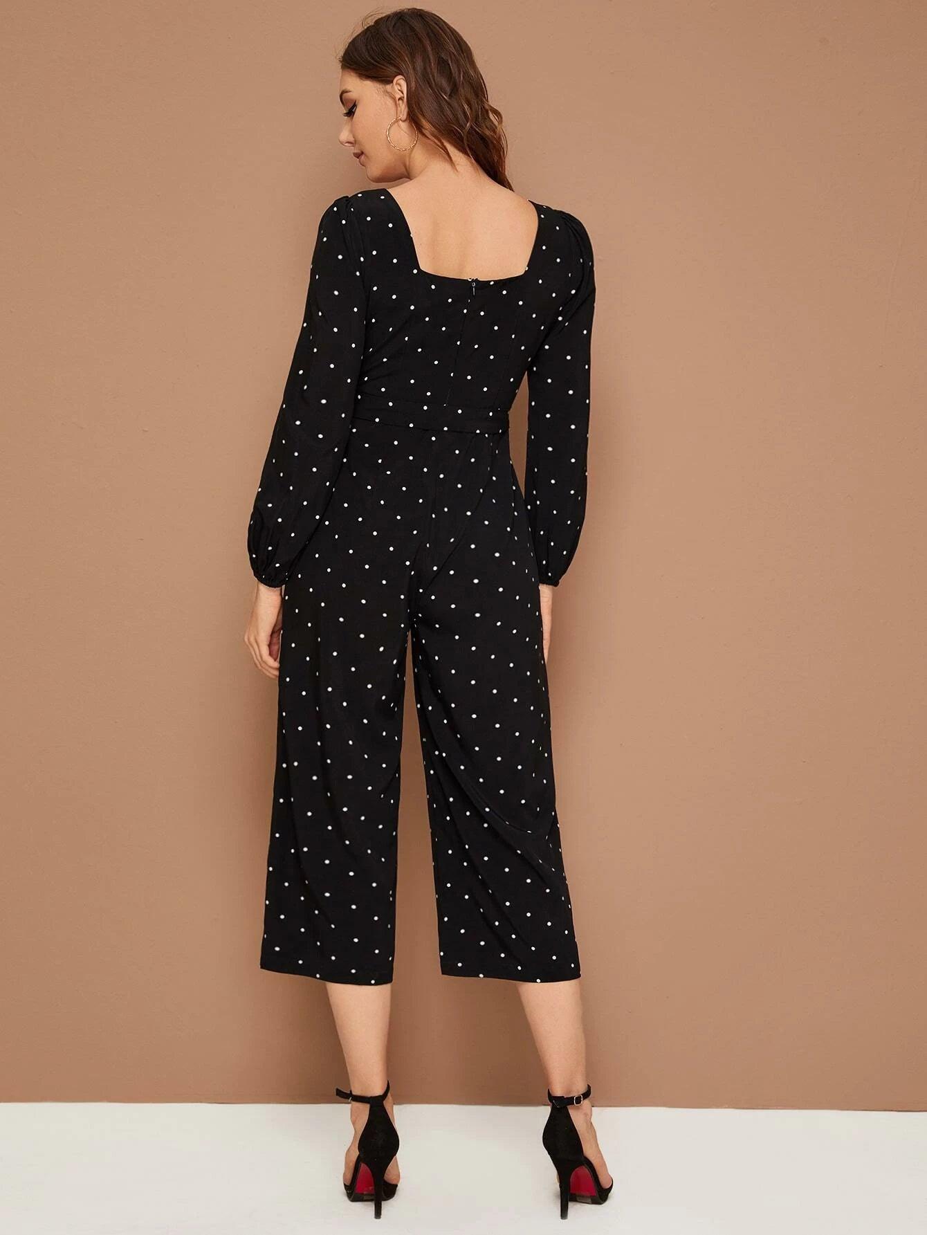 Square Neck Polka Dot Jumpsuit-Comfy Jumpsuits