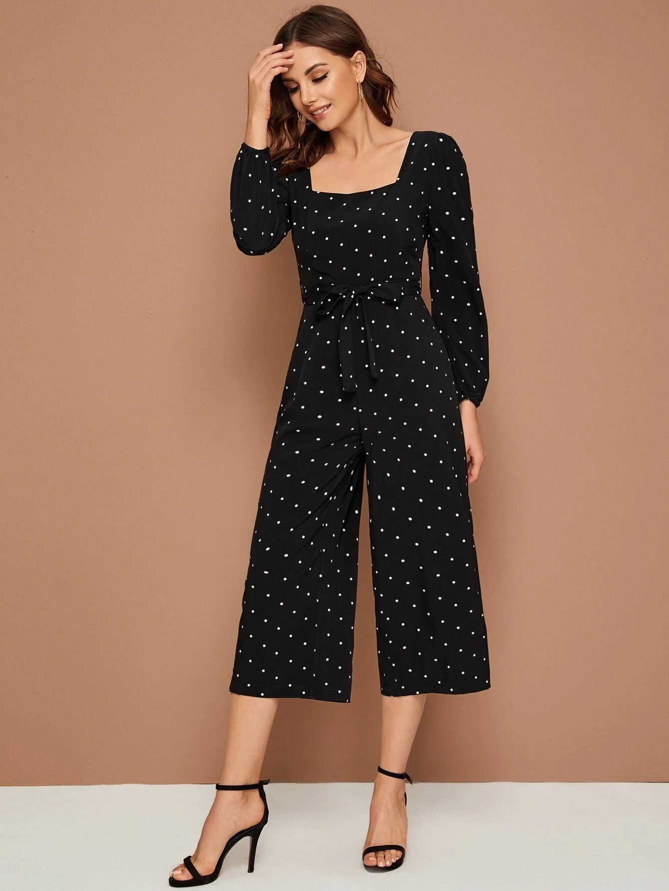 Square Neck Polka Dot Jumpsuit-Comfy Jumpsuits
