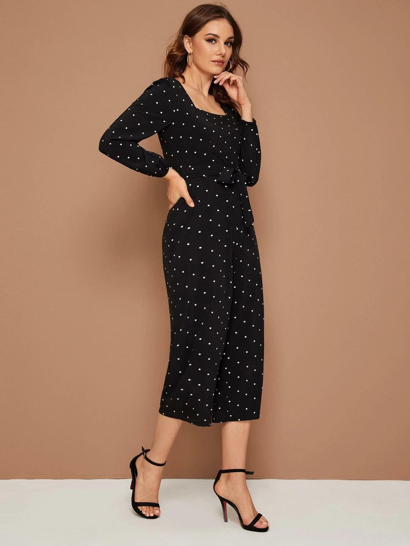 Square Neck Polka Dot Jumpsuit-Comfy Jumpsuits