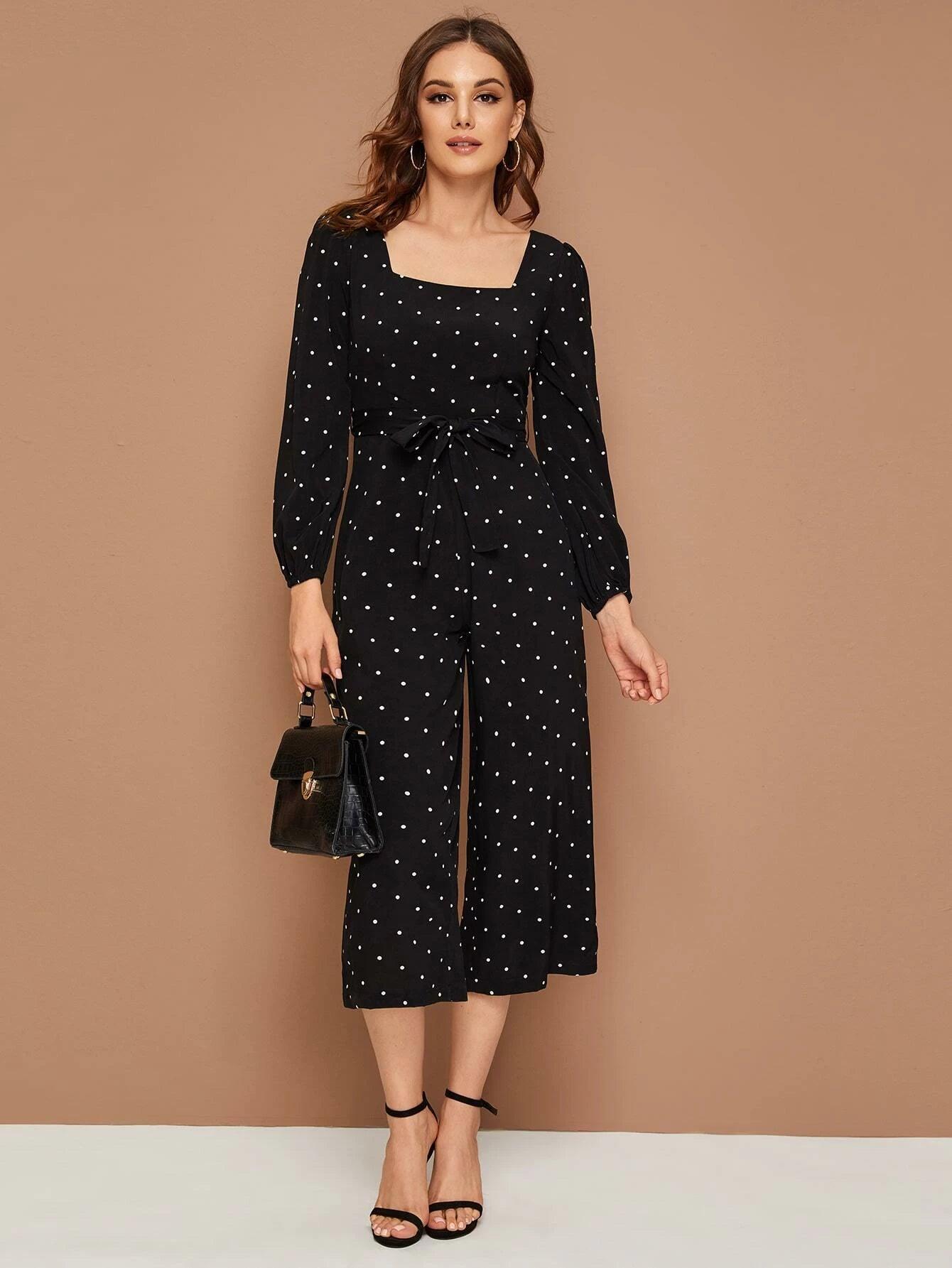 Square Neck Polka Dot Jumpsuit-Comfy Jumpsuits