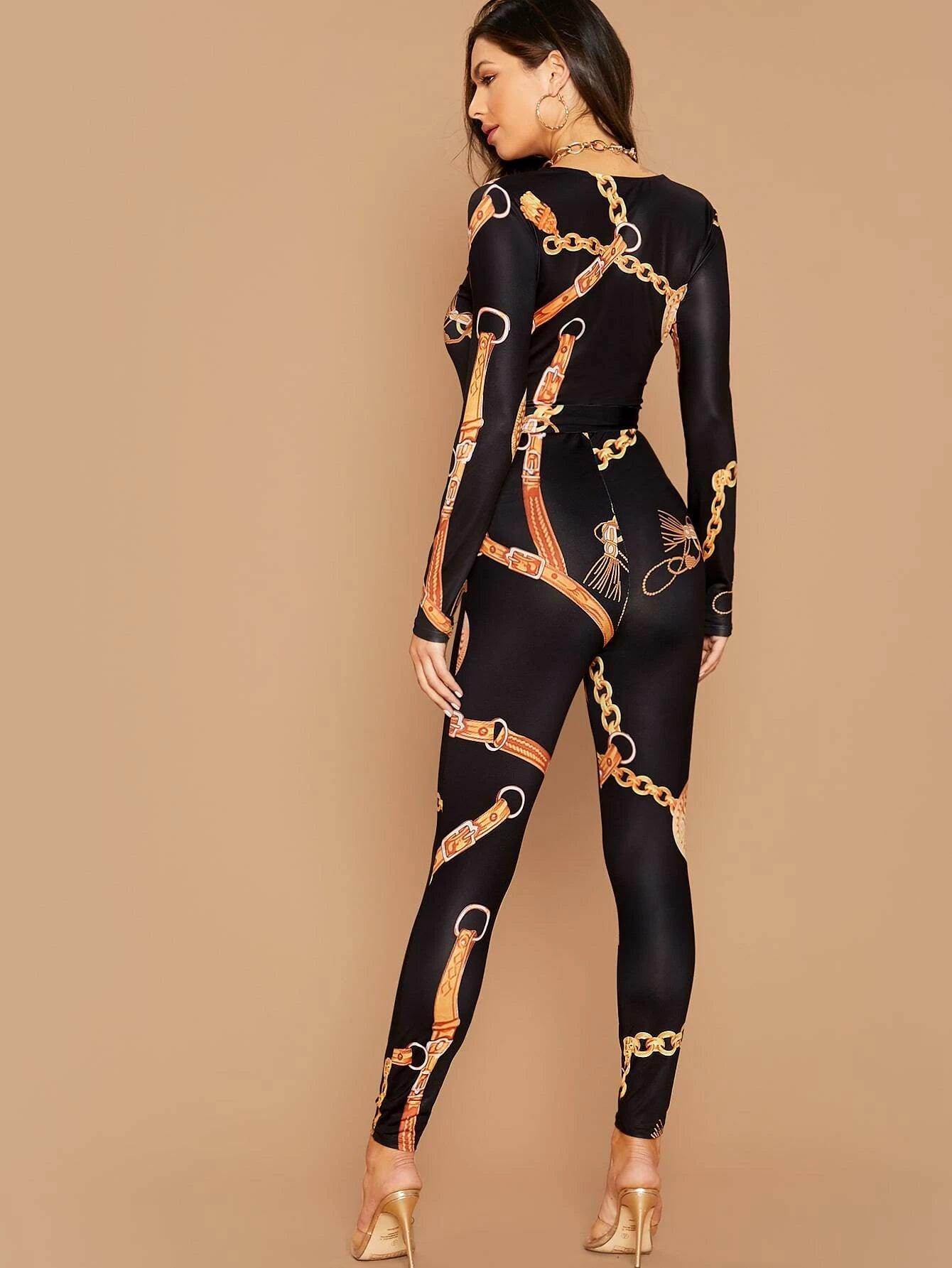 Chain Print Belted Unitard Jumpsuit-Comfy Jumpsuits