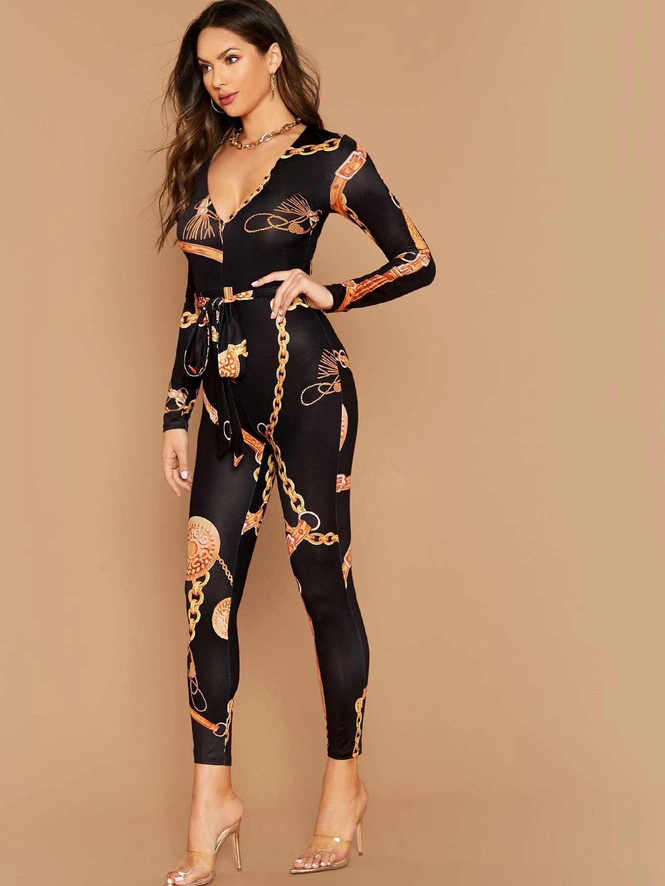 Chain Print Belted Unitard Jumpsuit-Comfy Jumpsuits