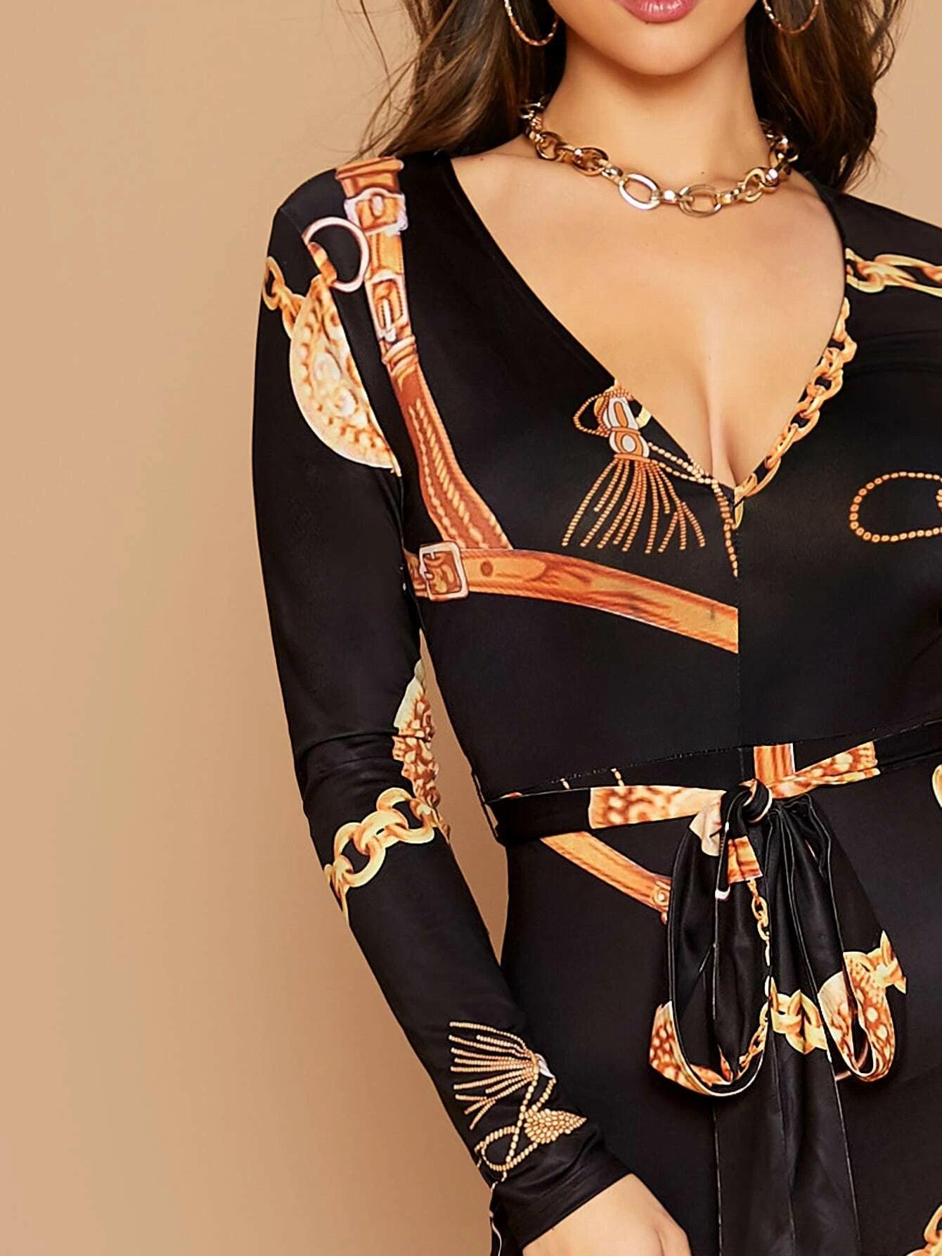 Chain Print Belted Unitard Jumpsuit-Comfy Jumpsuits