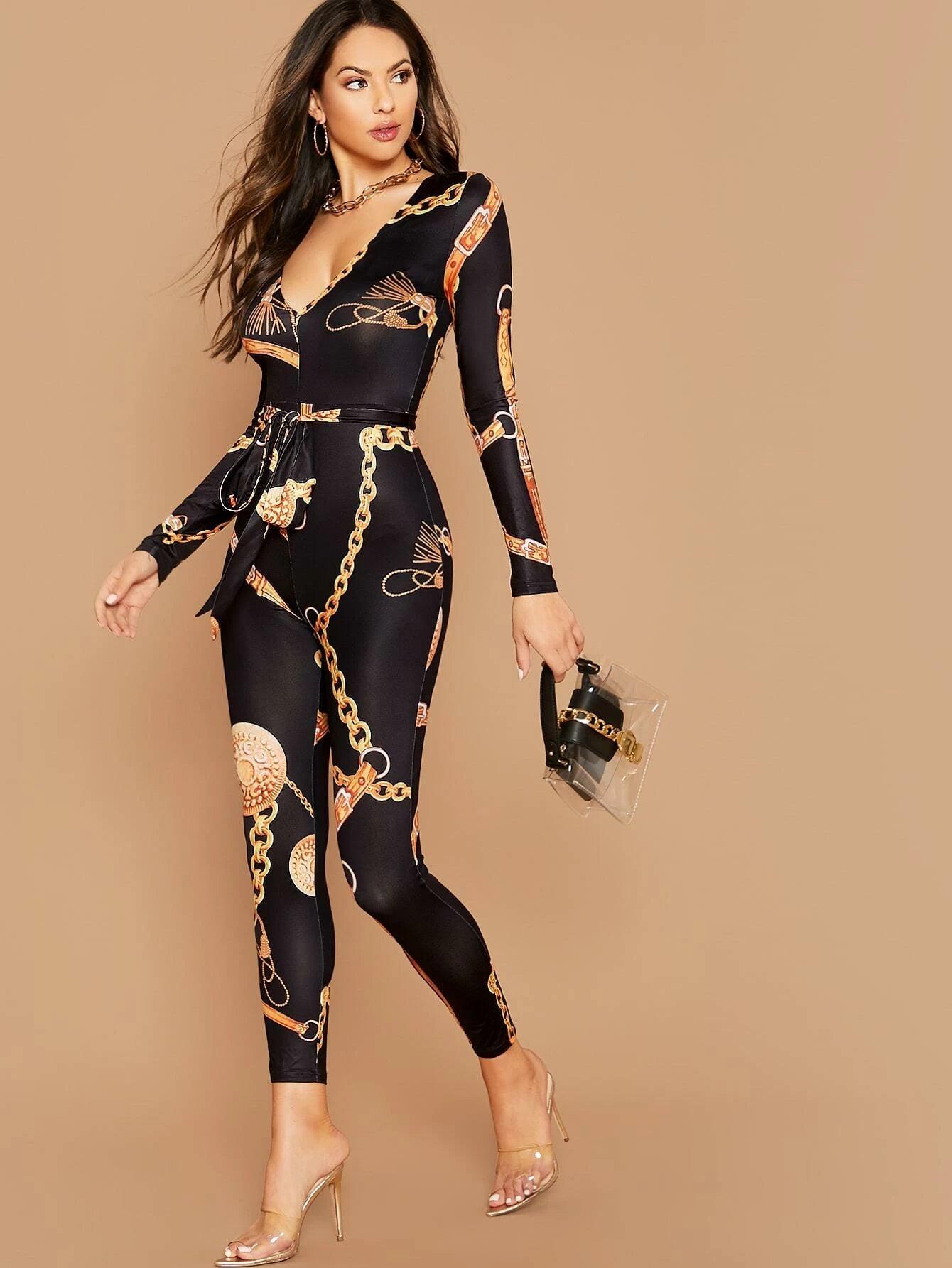 Chain Print Belted Unitard Jumpsuit-Comfy Jumpsuits