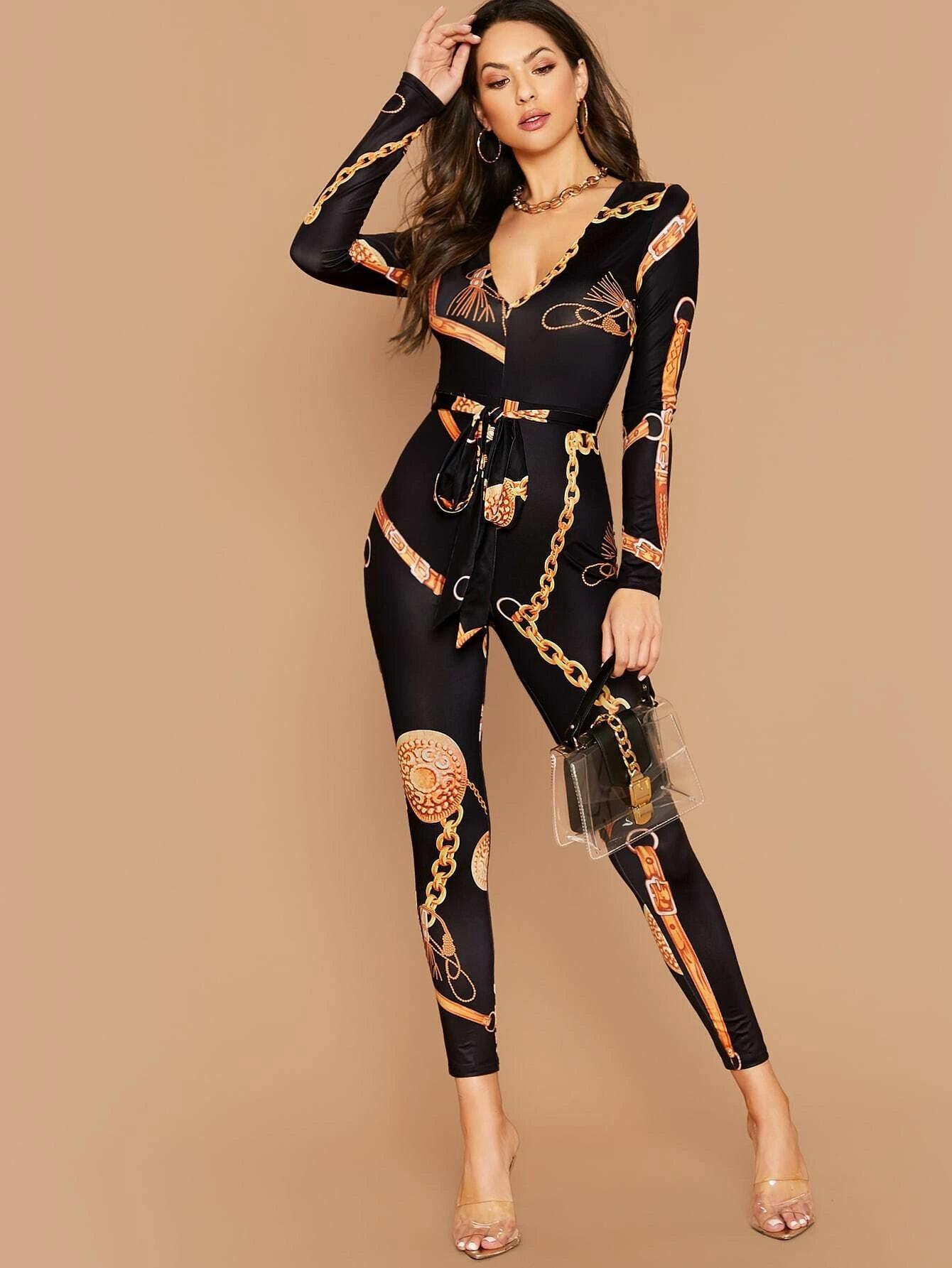 Chain Print Belted Unitard Jumpsuit-Comfy Jumpsuits
