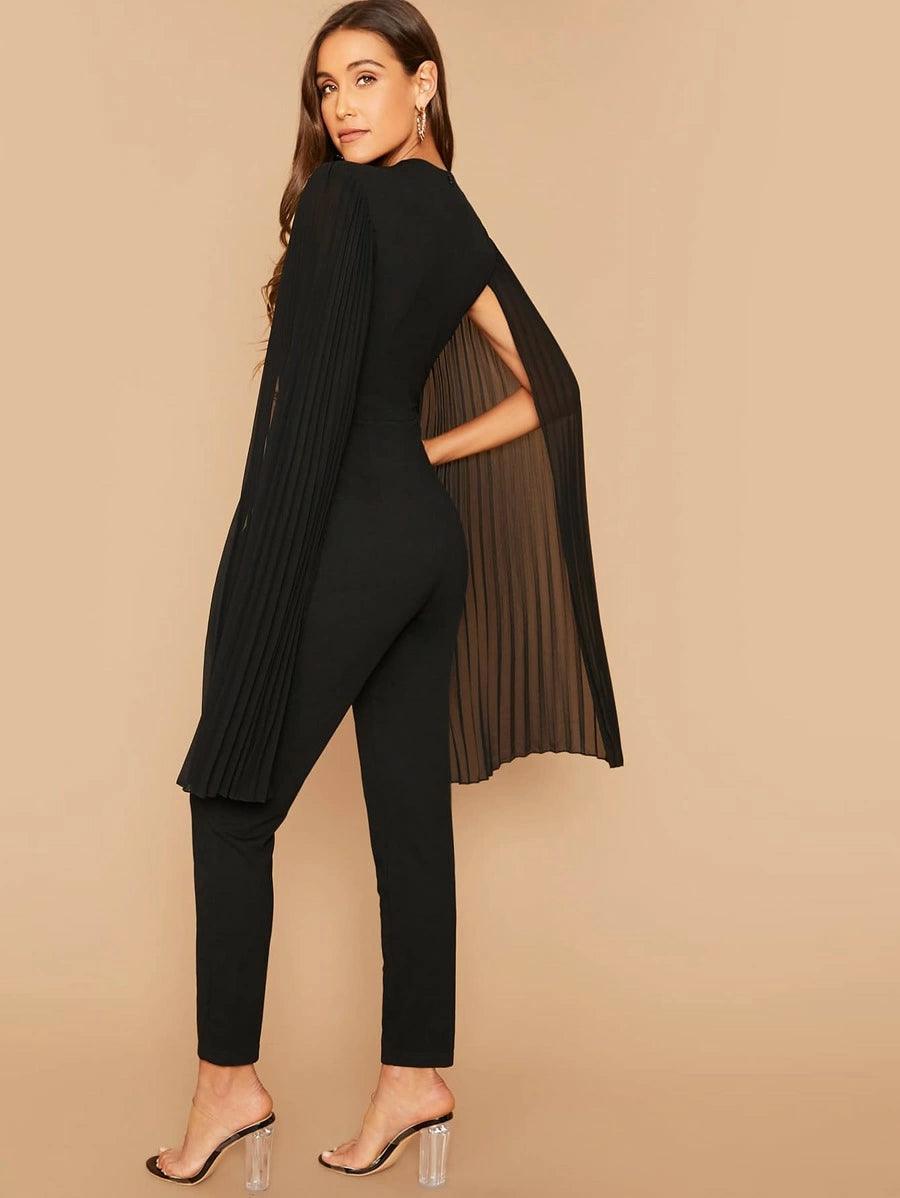 Solid Pleated Cape Jumpsuit-Comfy Jumpsuits