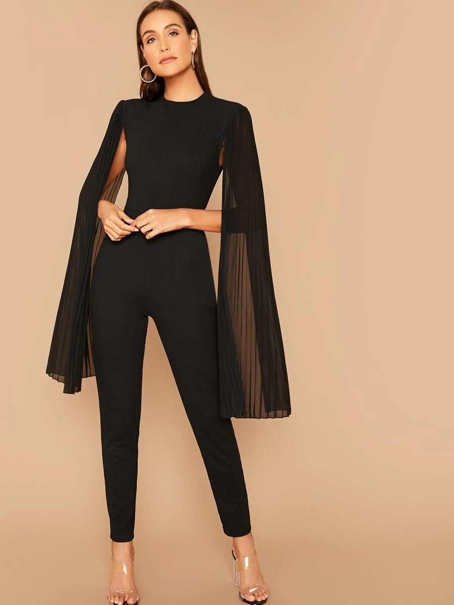 Solid Pleated Cape Jumpsuit-Comfy Jumpsuits