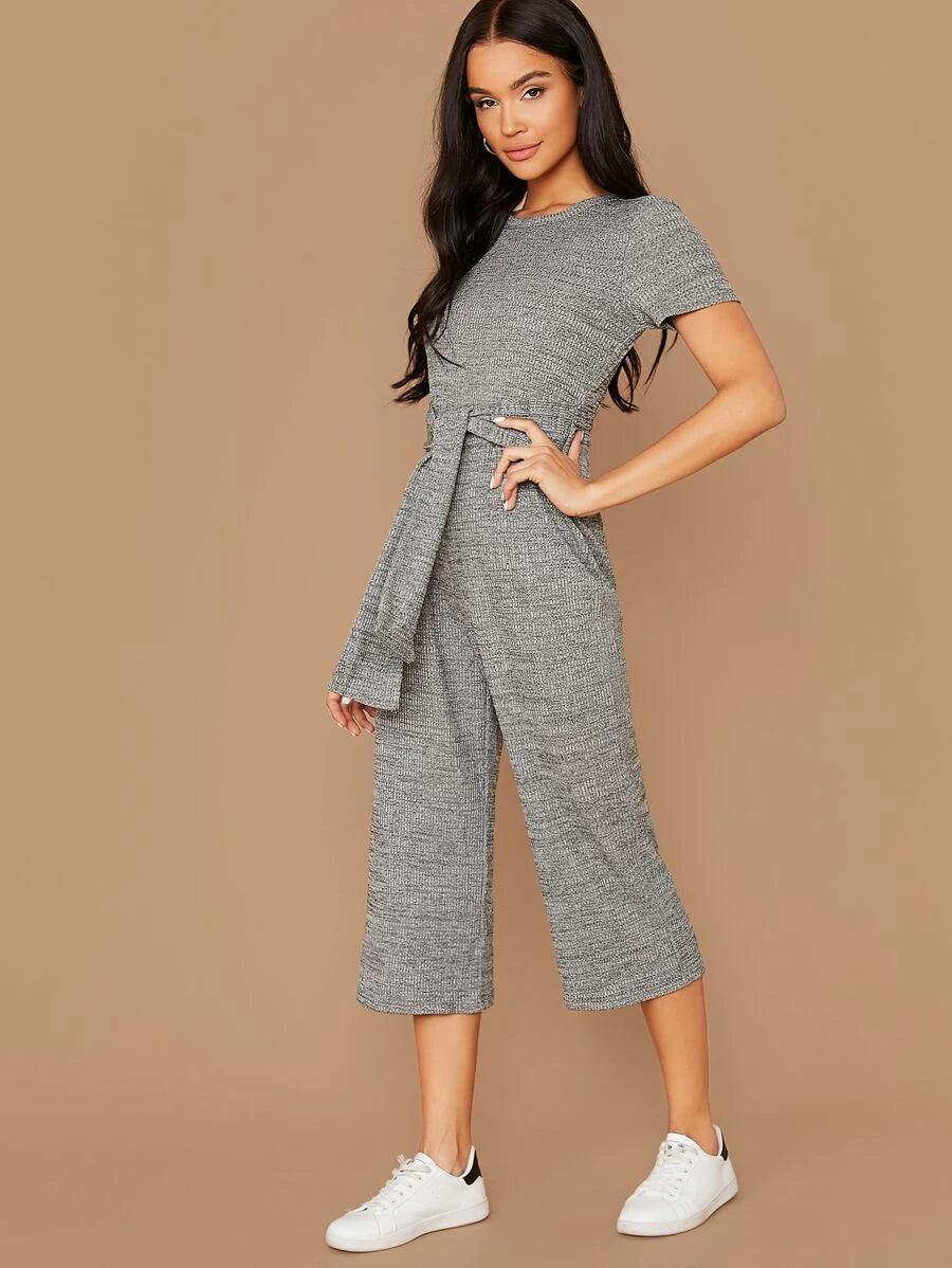 Tie Front Marled Jumpsuit-Comfy Jumpsuits