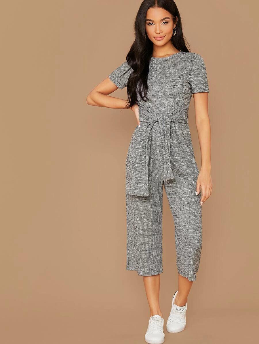 Tie Front Marled Jumpsuit-Comfy Jumpsuits