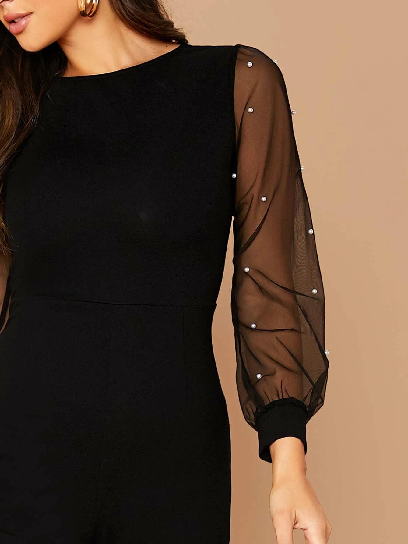 Pearls Contrast Mesh Sleeve Jumpsuit-Comfy Jumpsuits