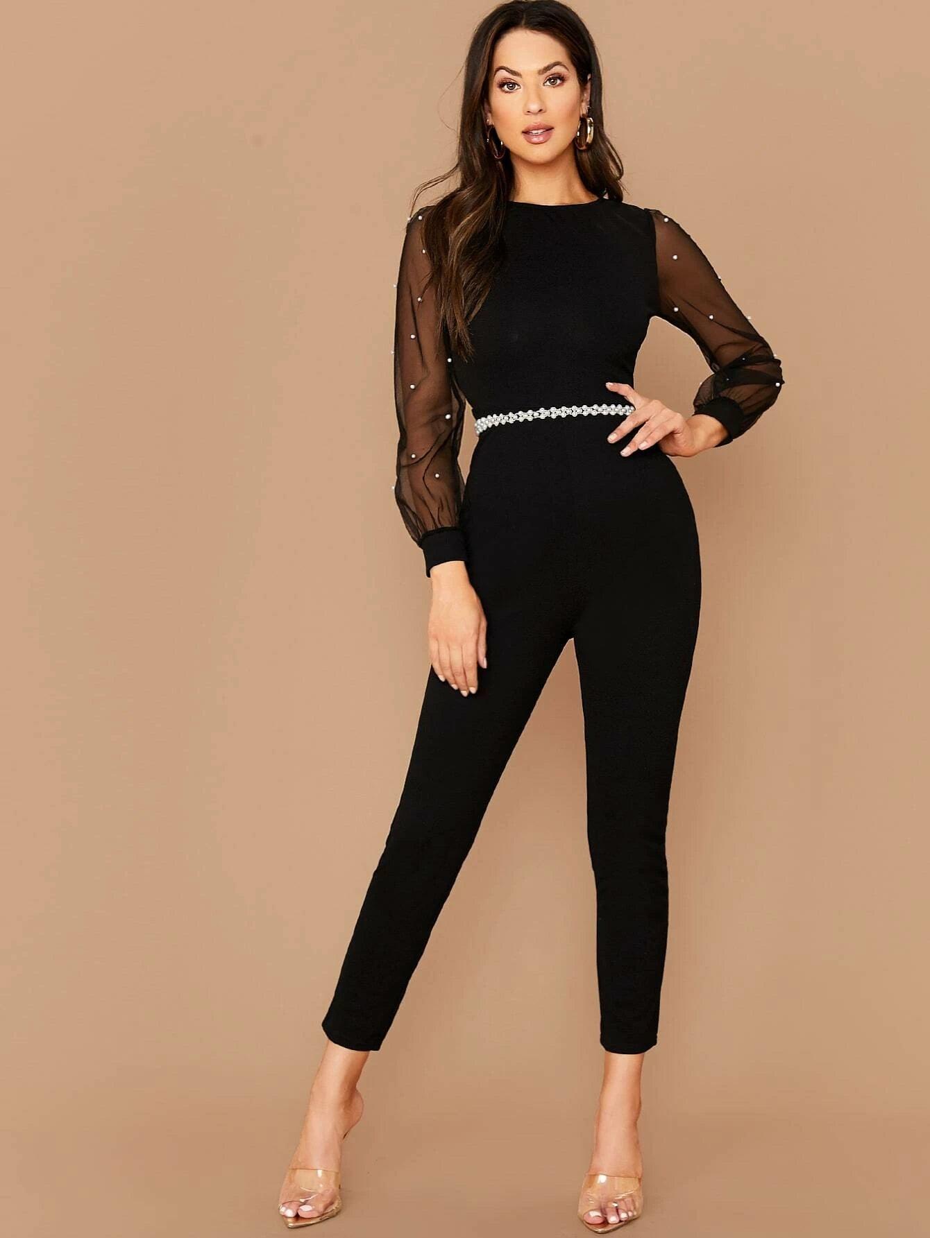 Pearls Contrast Mesh Sleeve Jumpsuit-Comfy Jumpsuits