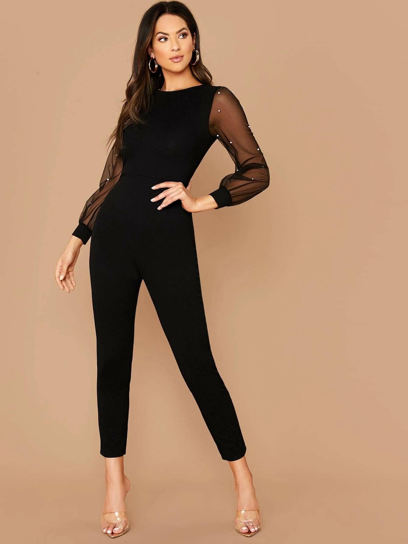 Pearls Contrast Mesh Sleeve Jumpsuit-Comfy Jumpsuits