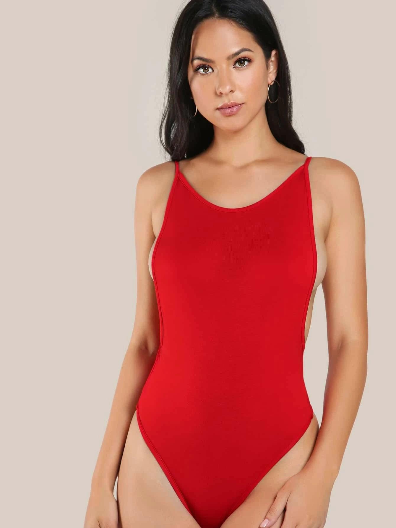 Solid Dropped Armholes Cami Thong Bodysuit-Comfy Jumpsuits
