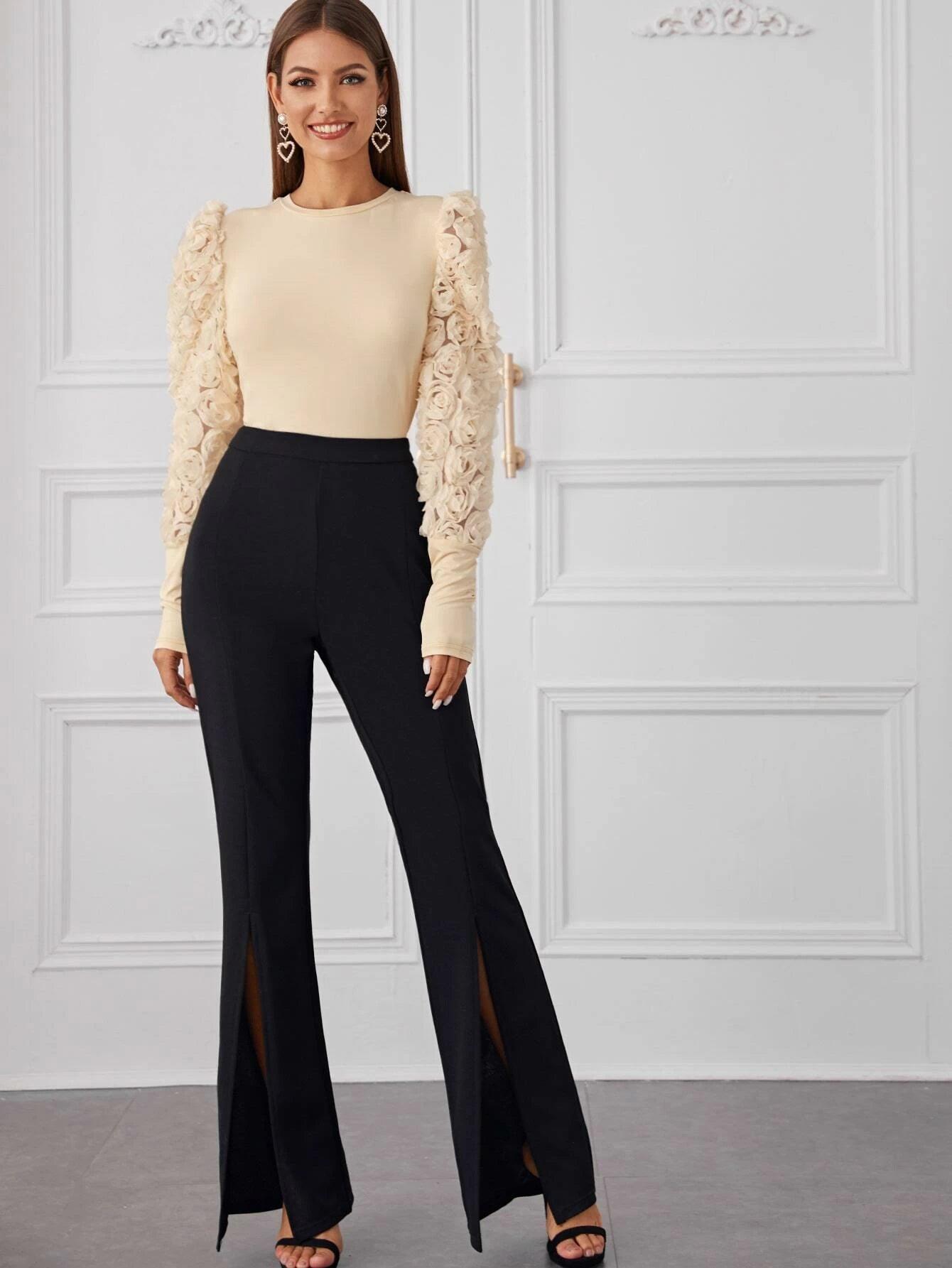 3D Bishop Sleeve Fitted Bodysuit-Comfy Jumpsuits