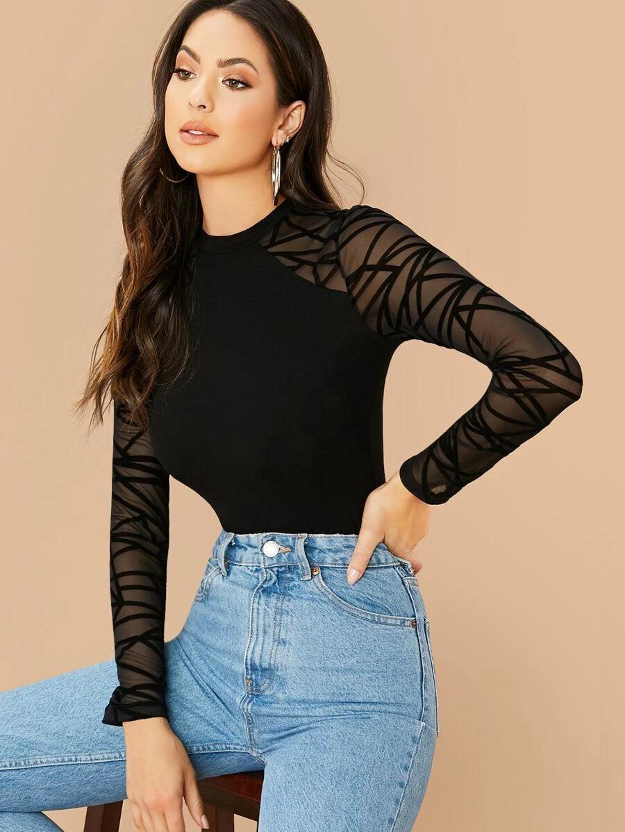 Geo Mesh Sleeve Form Fitted Bodysuit-Comfy Jumpsuits