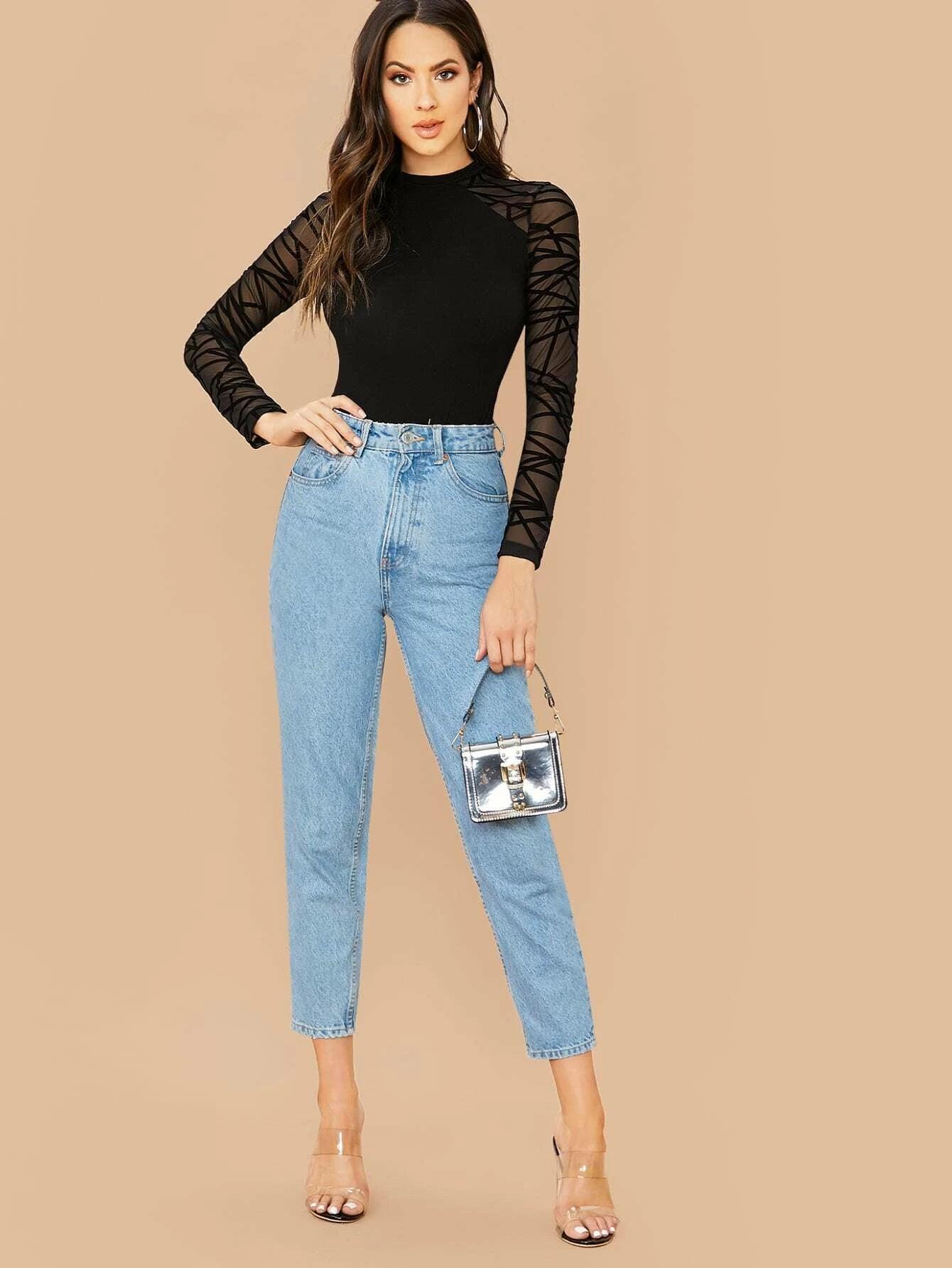 Geo Mesh Sleeve Form Fitted Bodysuit-Comfy Jumpsuits