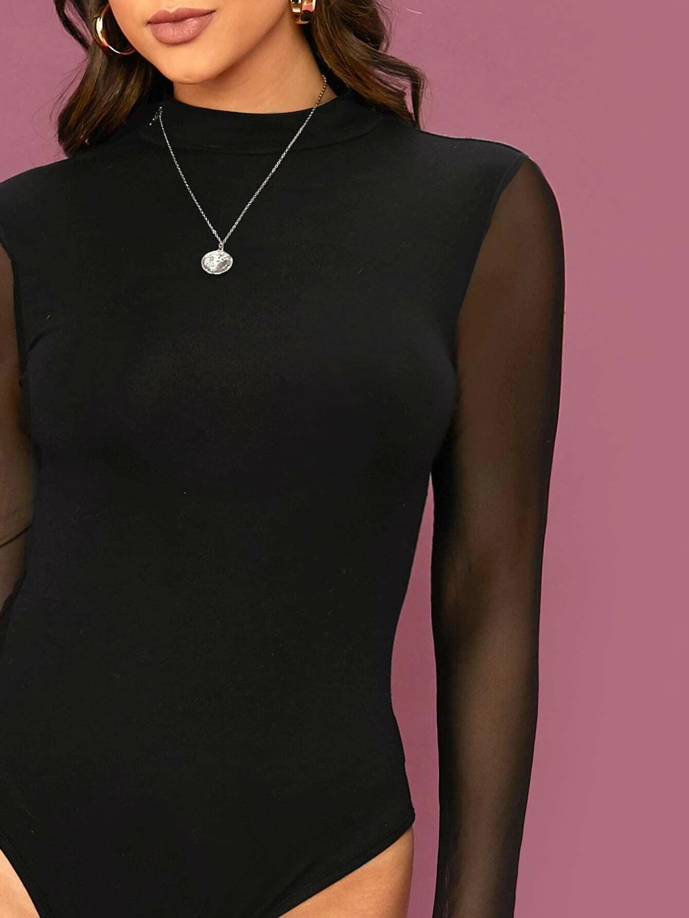 Mesh Sleeve Bodysuit-Comfy Jumpsuits