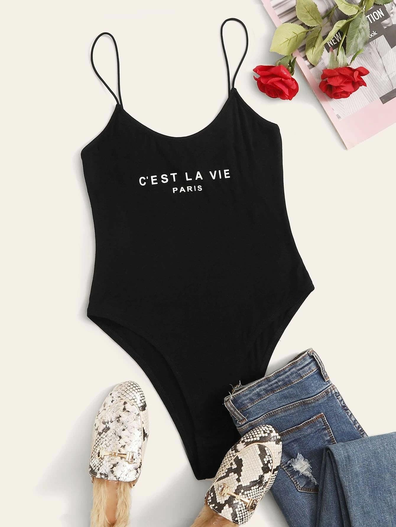 Paris Graphic Cami Bodysuit-Comfy Jumpsuits