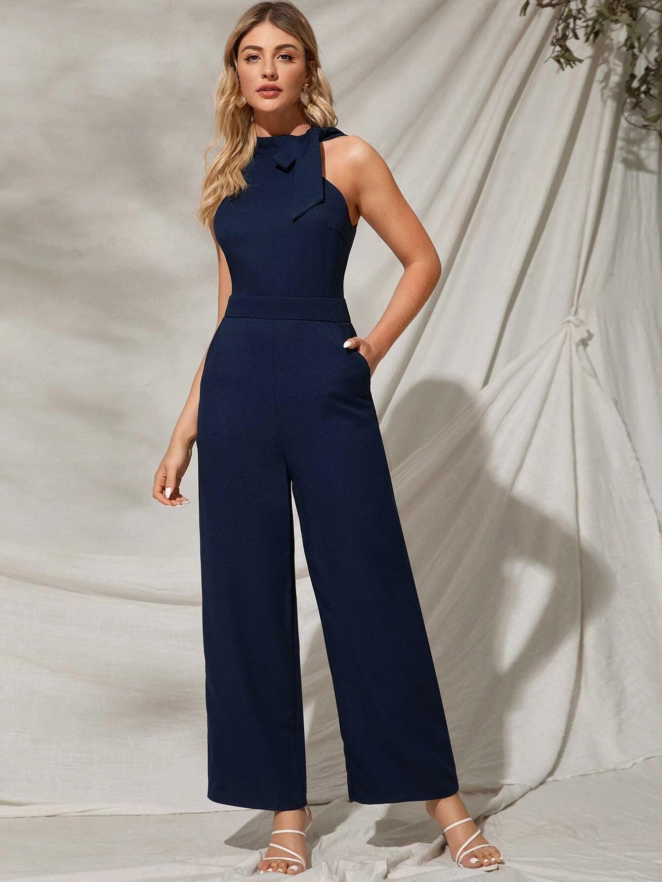 Tie Neck Pocket Detail Sleeveless Jumpsuit-Comfy Jumpsuits