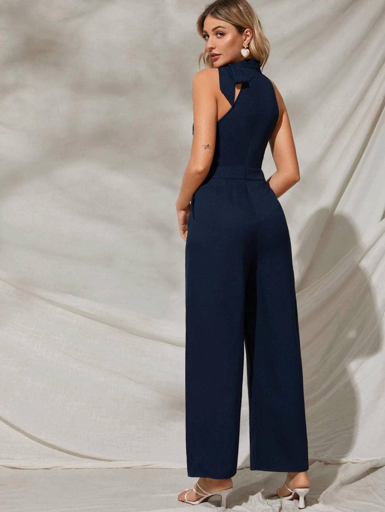 Tie Neck Pocket Detail Sleeveless Jumpsuit-Comfy Jumpsuits
