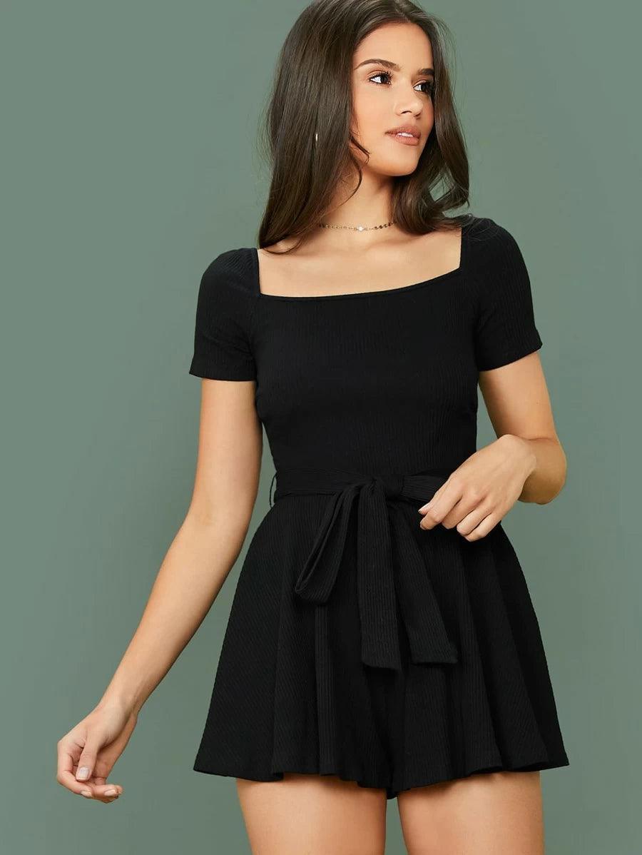 Square Neck Waist Knot Dress-Comfy Jumpsuits